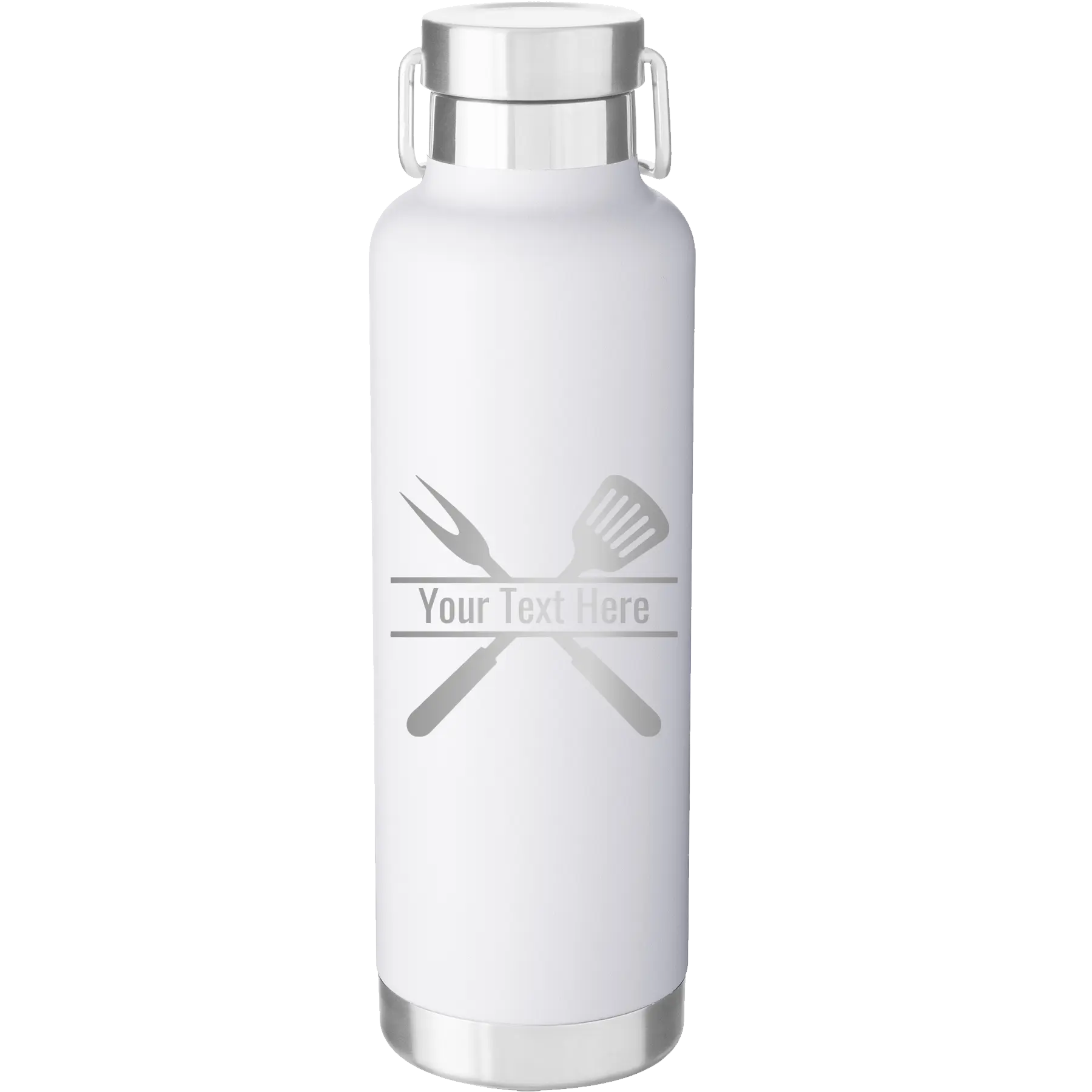Personalized white 24 oz vacuum insulated water bottle with 'Grill' design