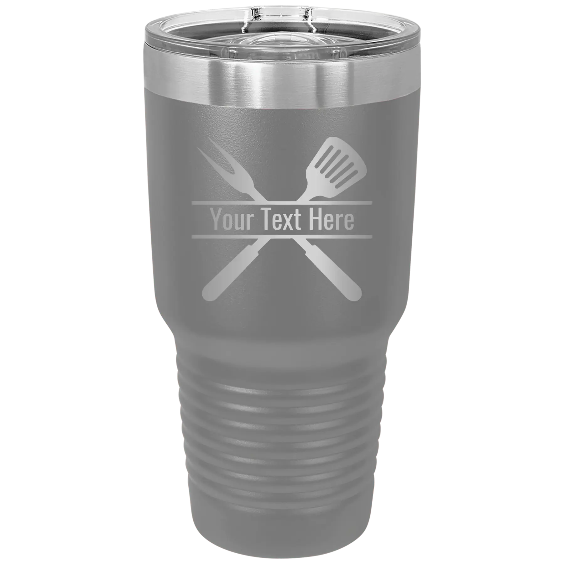Personalized dark gray 30 oz vacuum insulated tumbler with 'Grill' design
