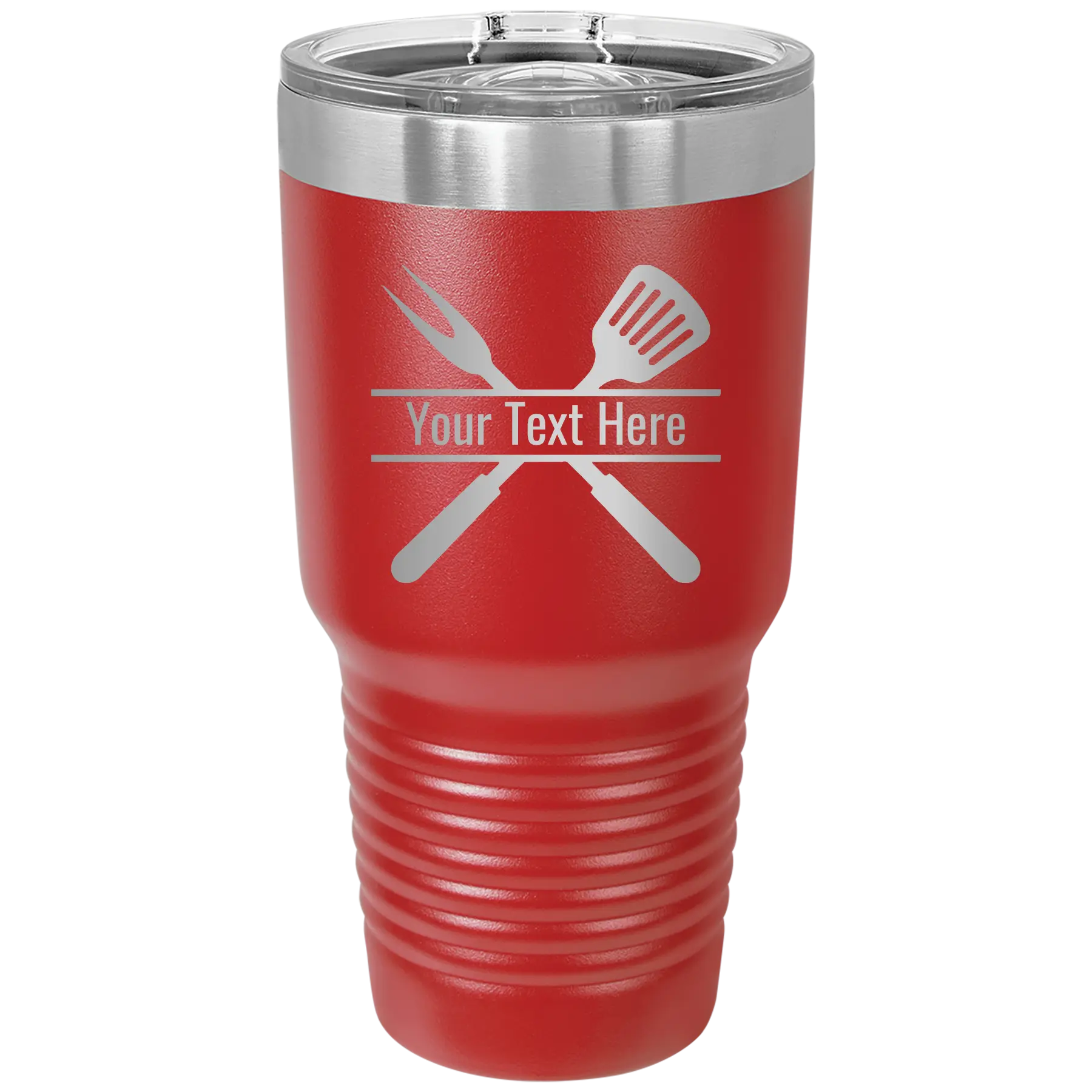 Personalized red 30 oz vacuum insulated tumbler with 'Grill' design