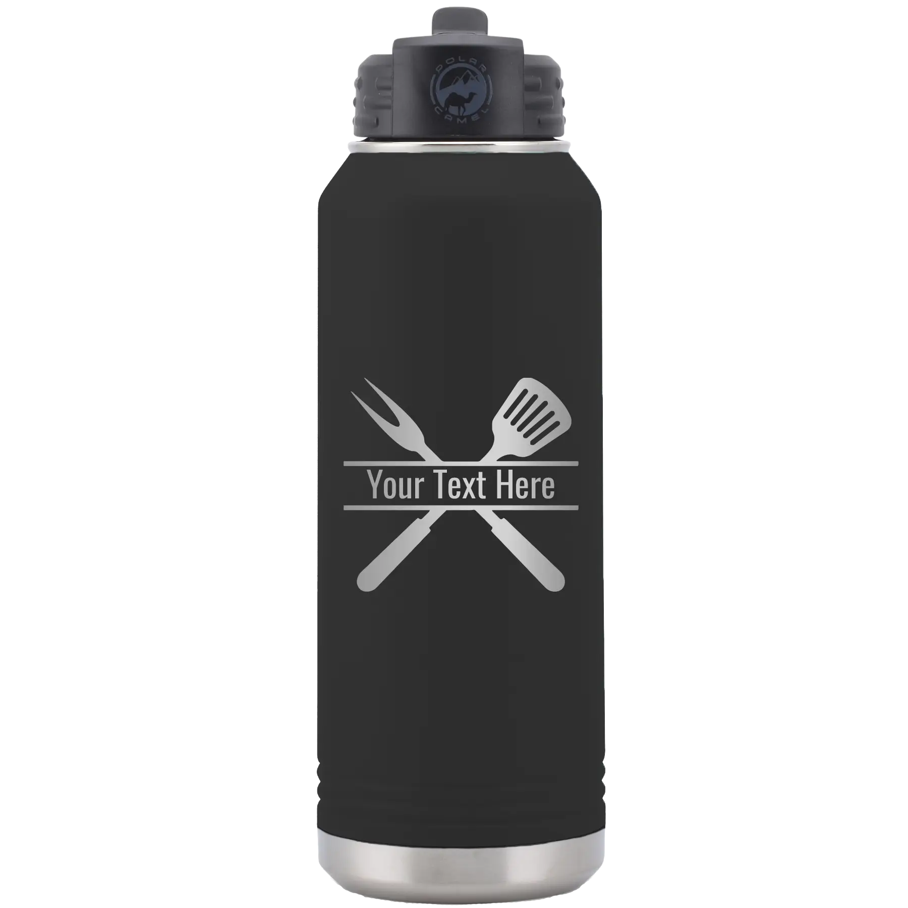 Personalized black 32 oz vacuum insulated water bottle with 'Grill' design