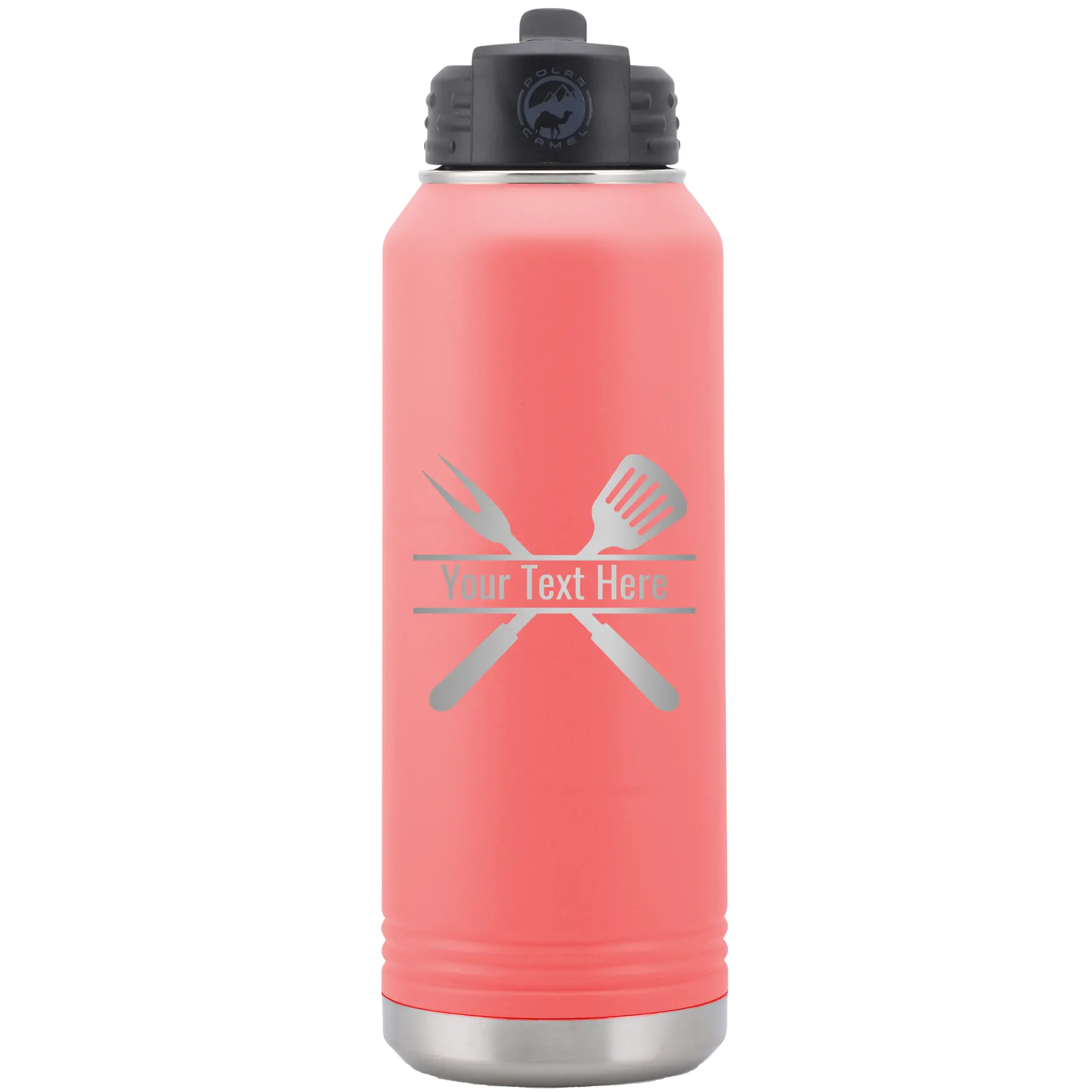 Personalized coral 32 oz vacuum insulated water bottle with 'Grill' design