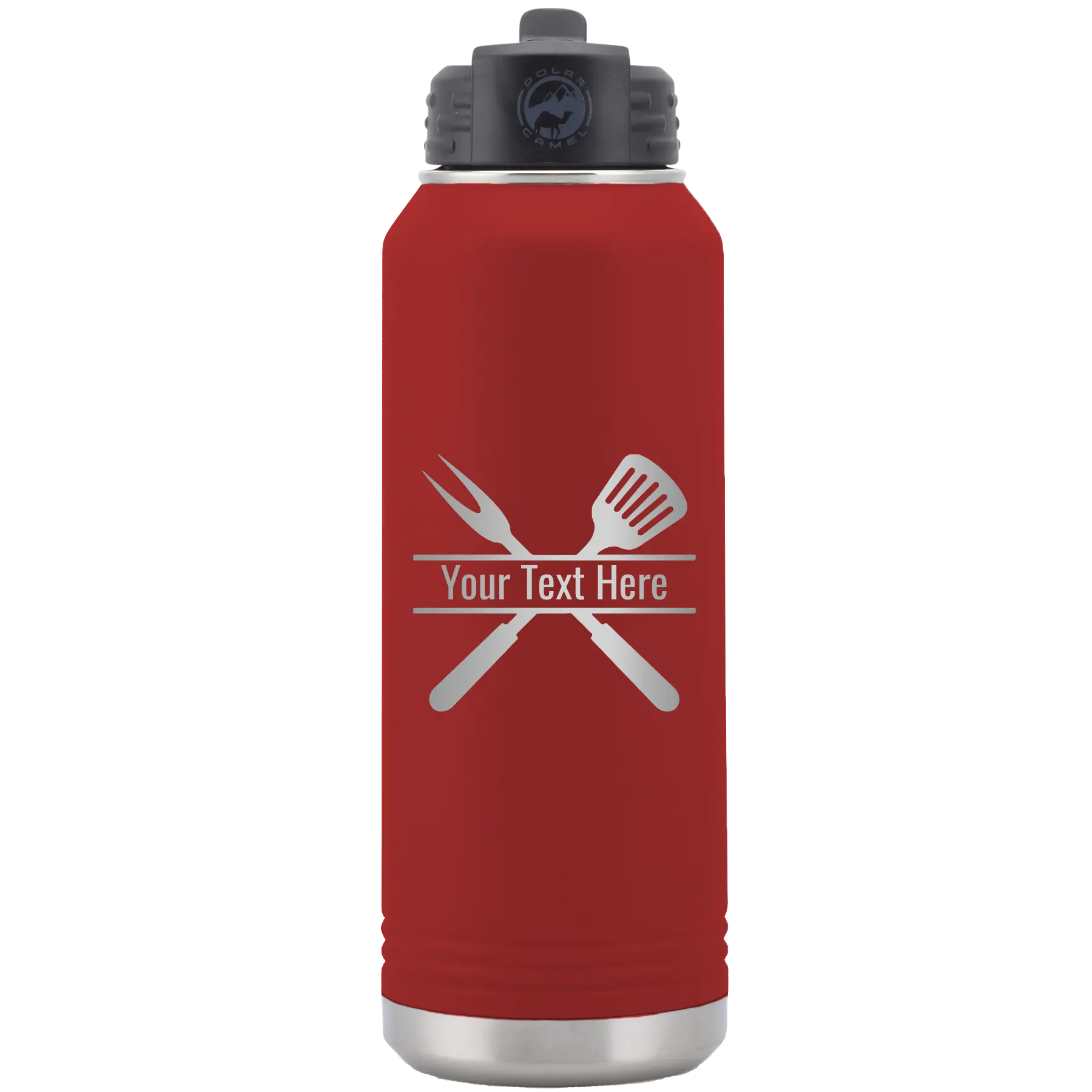 Personalized maroon 32 oz vacuum insulated water bottle with 'Grill' design