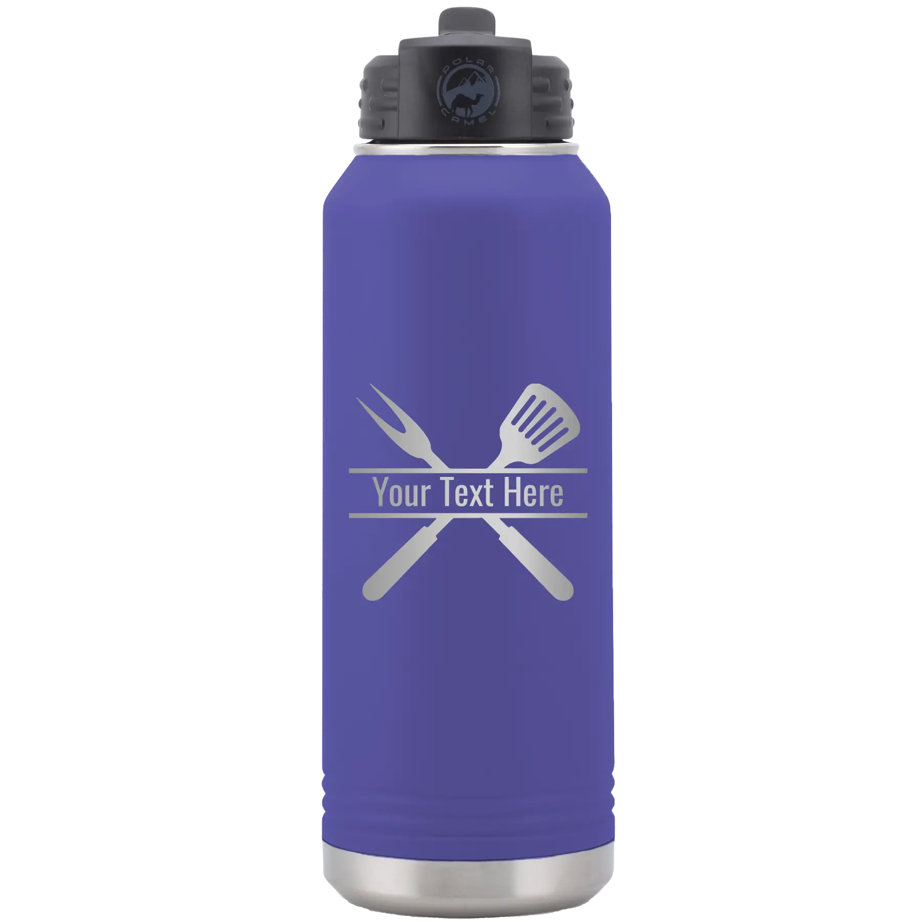Personalized purple 32 oz vacuum insulated water bottle with 'Grill' design
