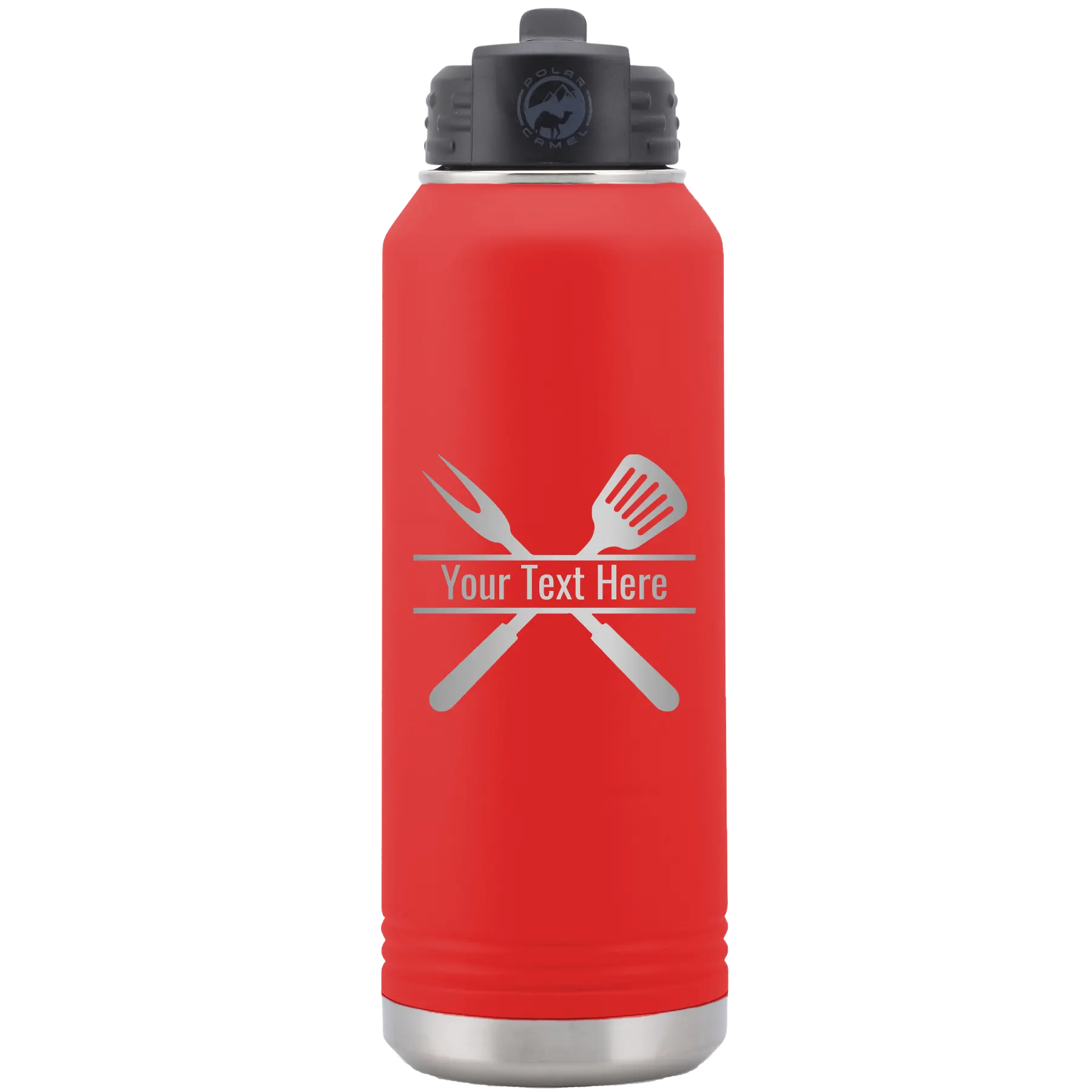 Personalized red 32 oz vacuum insulated water bottle with 'Grill' design