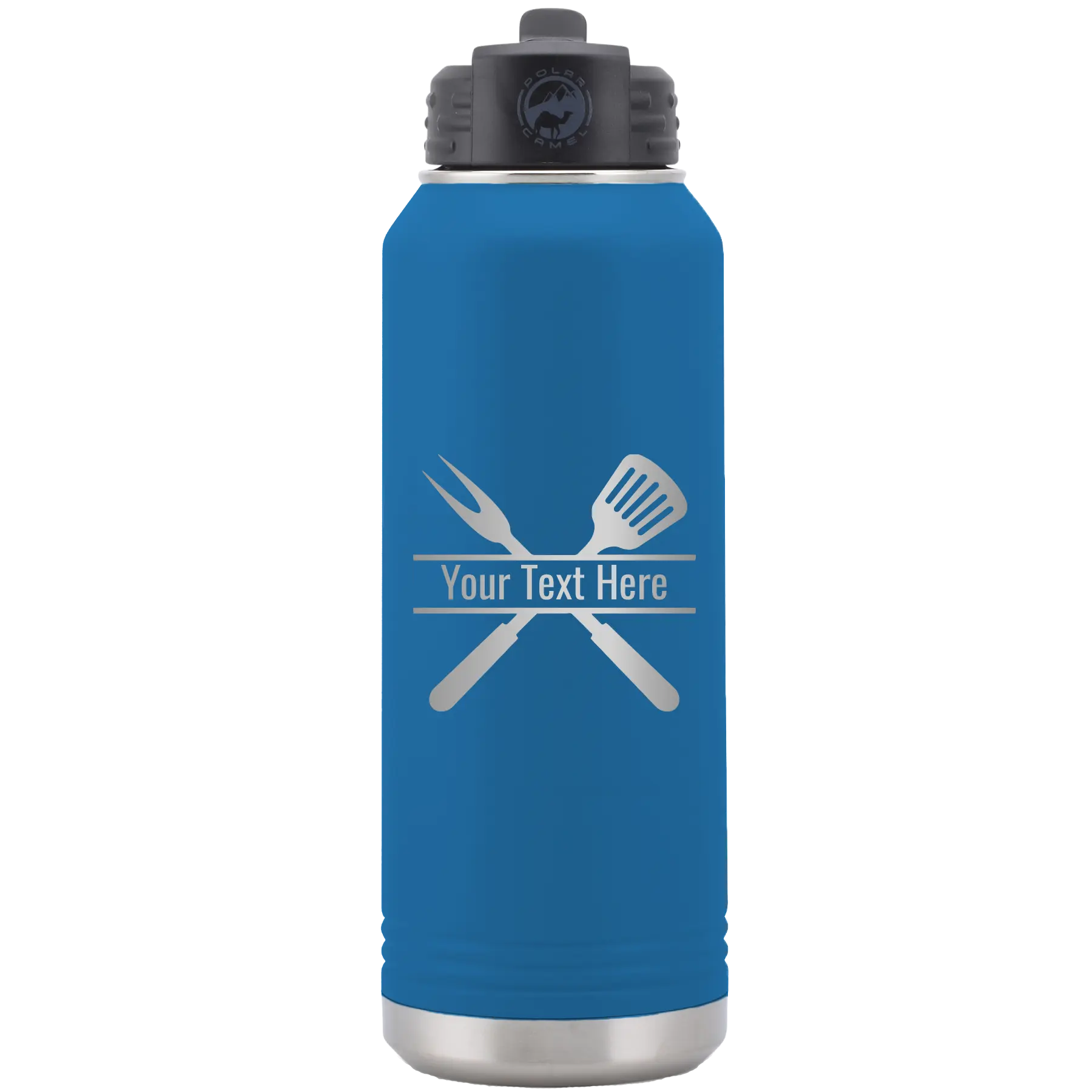 Personalized royal blue 32 oz vacuum insulated water bottle with 'Grill' design