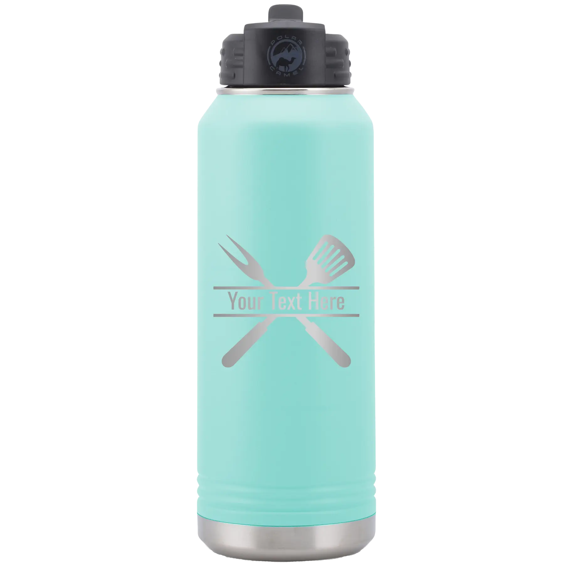 Personalized teal 32 oz vacuum insulated water bottle with 'Grill' design