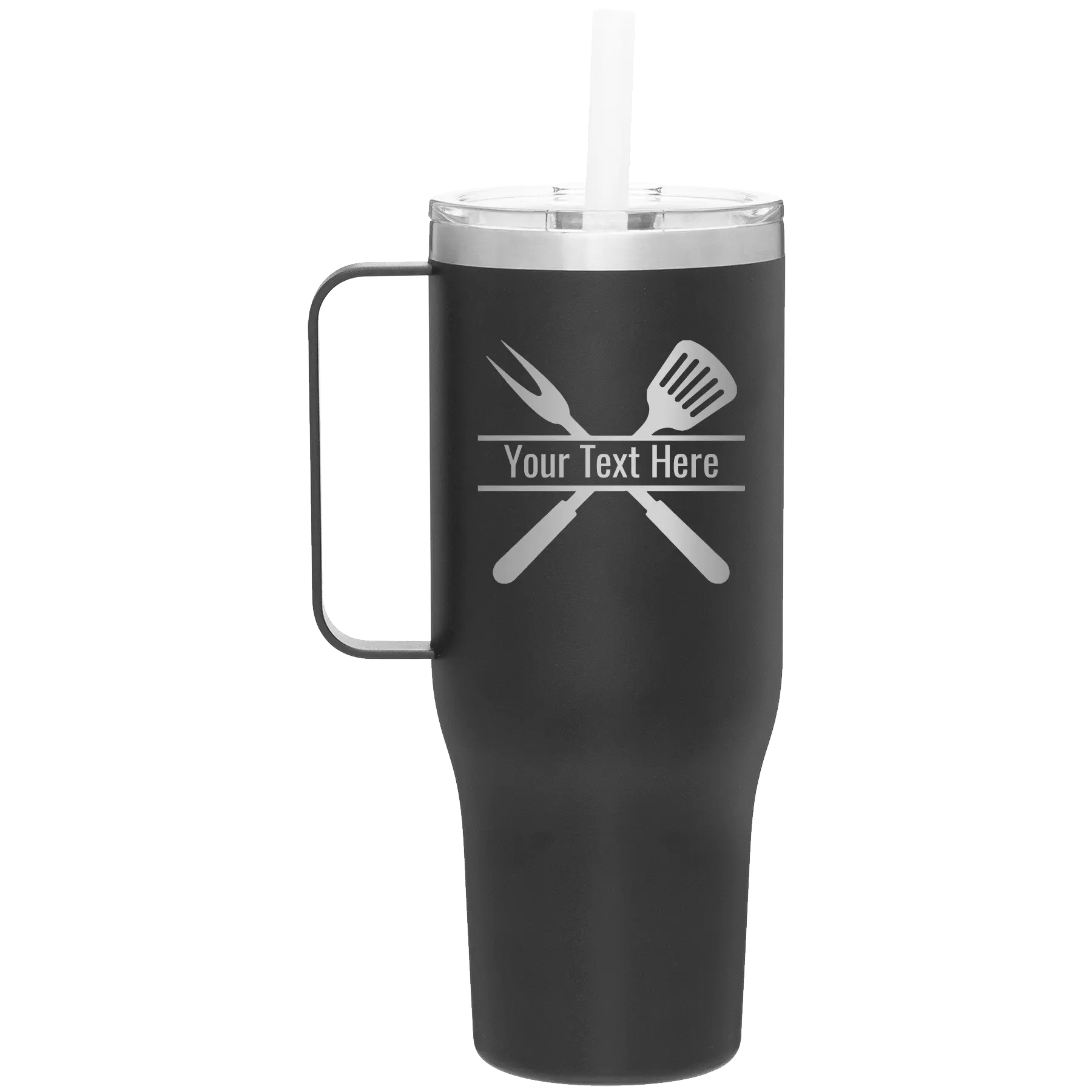 Personalized black 40 oz vacuum insulated tumbler mug with 'Grill' design