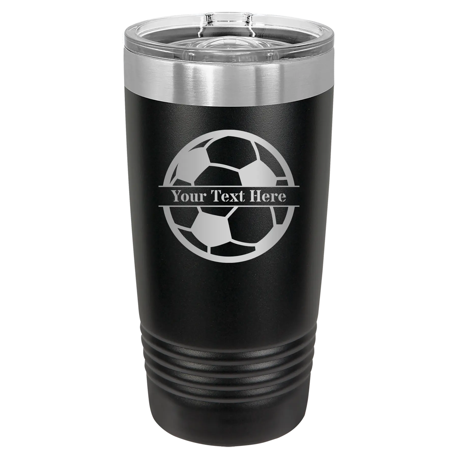 Personalized black 20 oz vacuum insulated tumbler with 'Soccer Ball' design