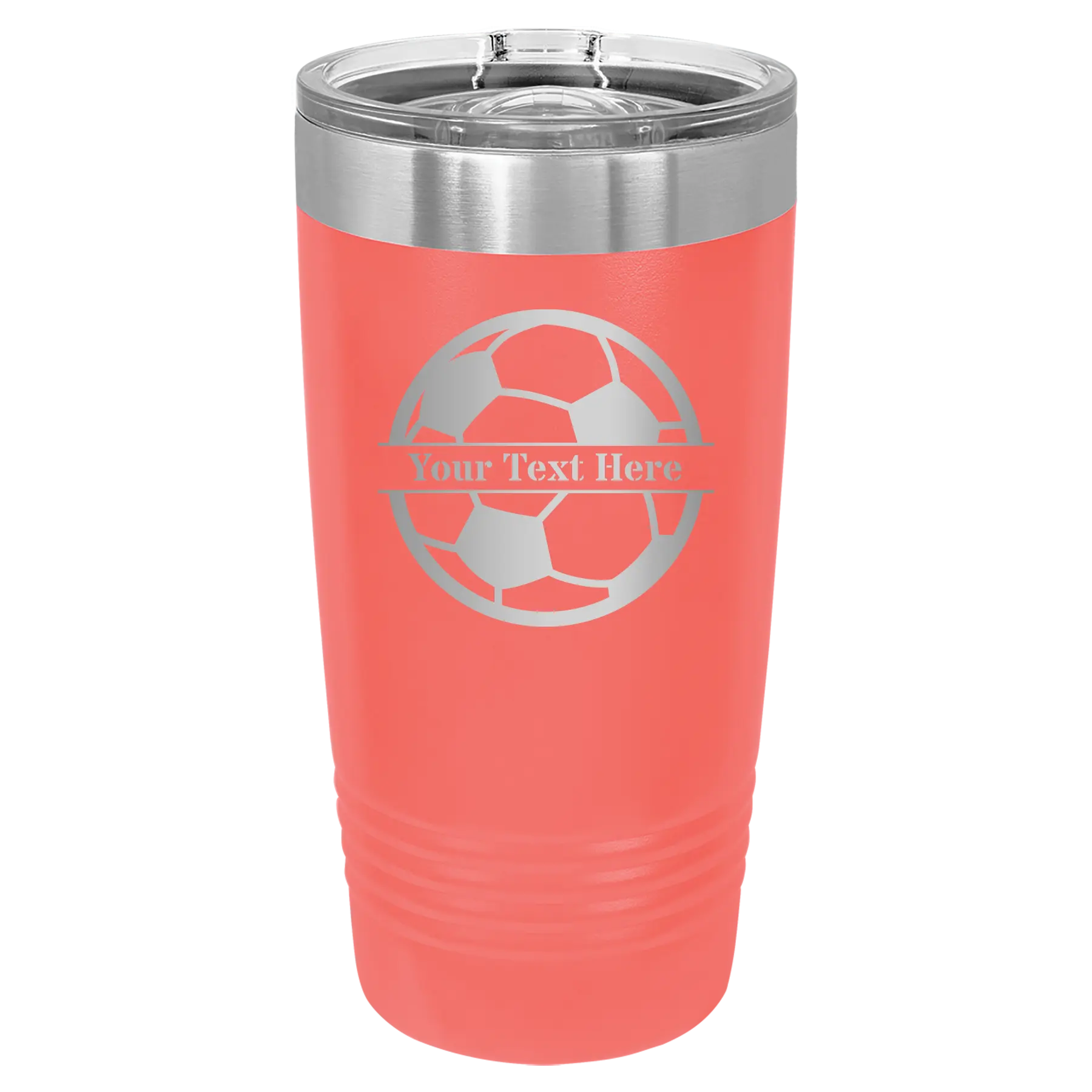 Personalized coral 20 oz vacuum insulated tumbler with 'Soccer Ball' design