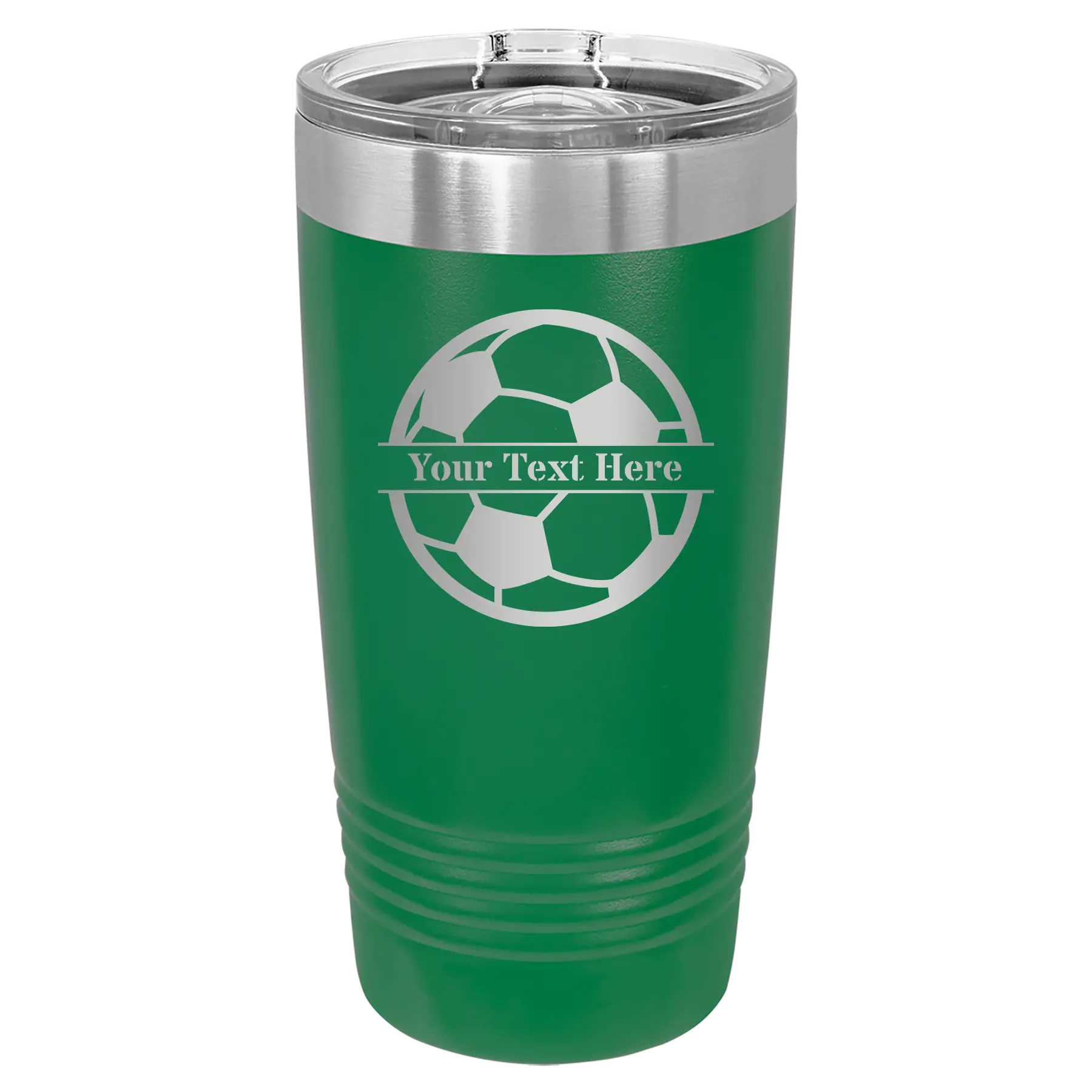 Personalized green 20 oz vacuum insulated tumbler with 'Soccer Ball' design