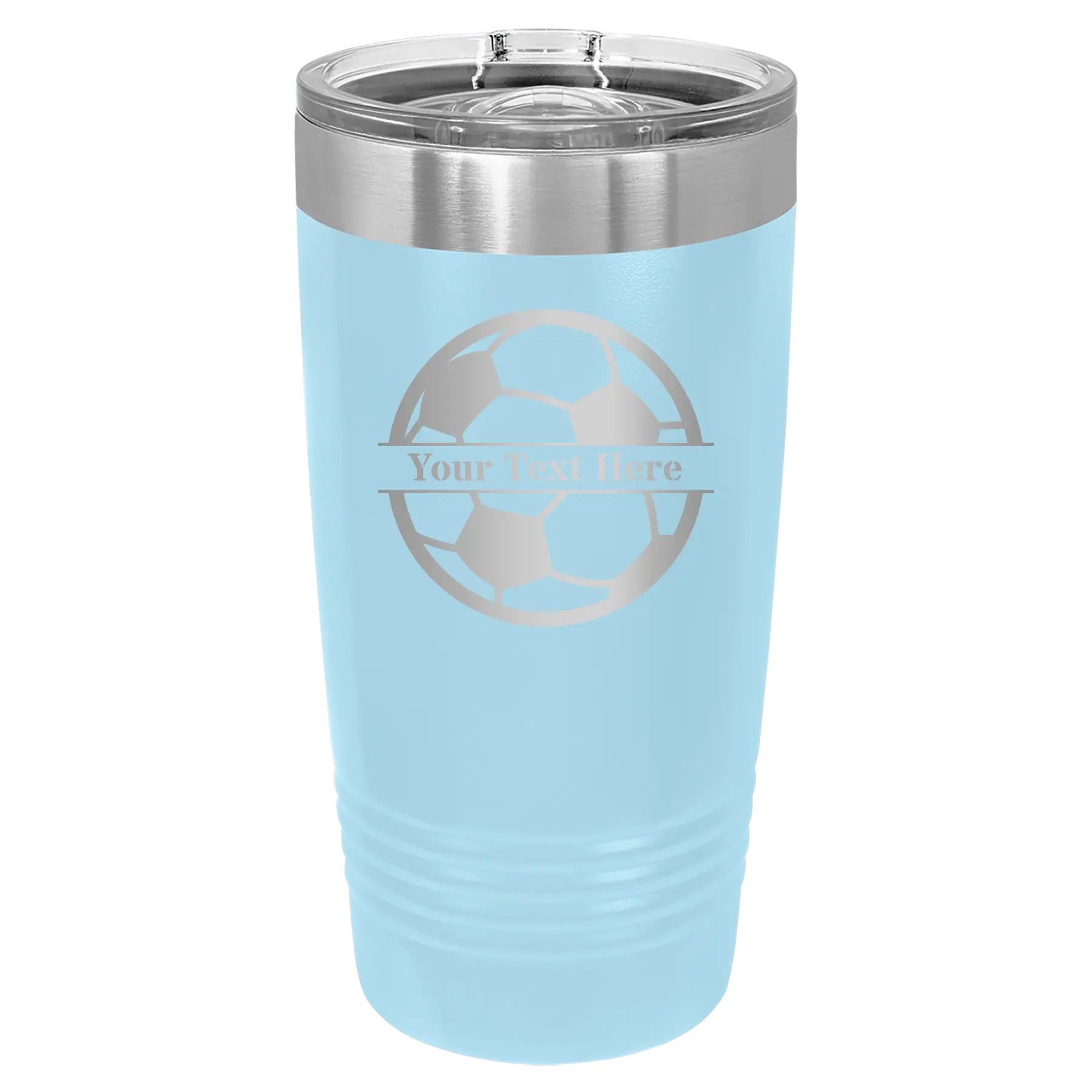 Personalized light blue 20 oz vacuum insulated tumbler with 'Soccer Ball' design
