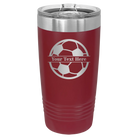 Personalized maroon 20 oz vacuum insulated tumbler with 'Soccer Ball' design