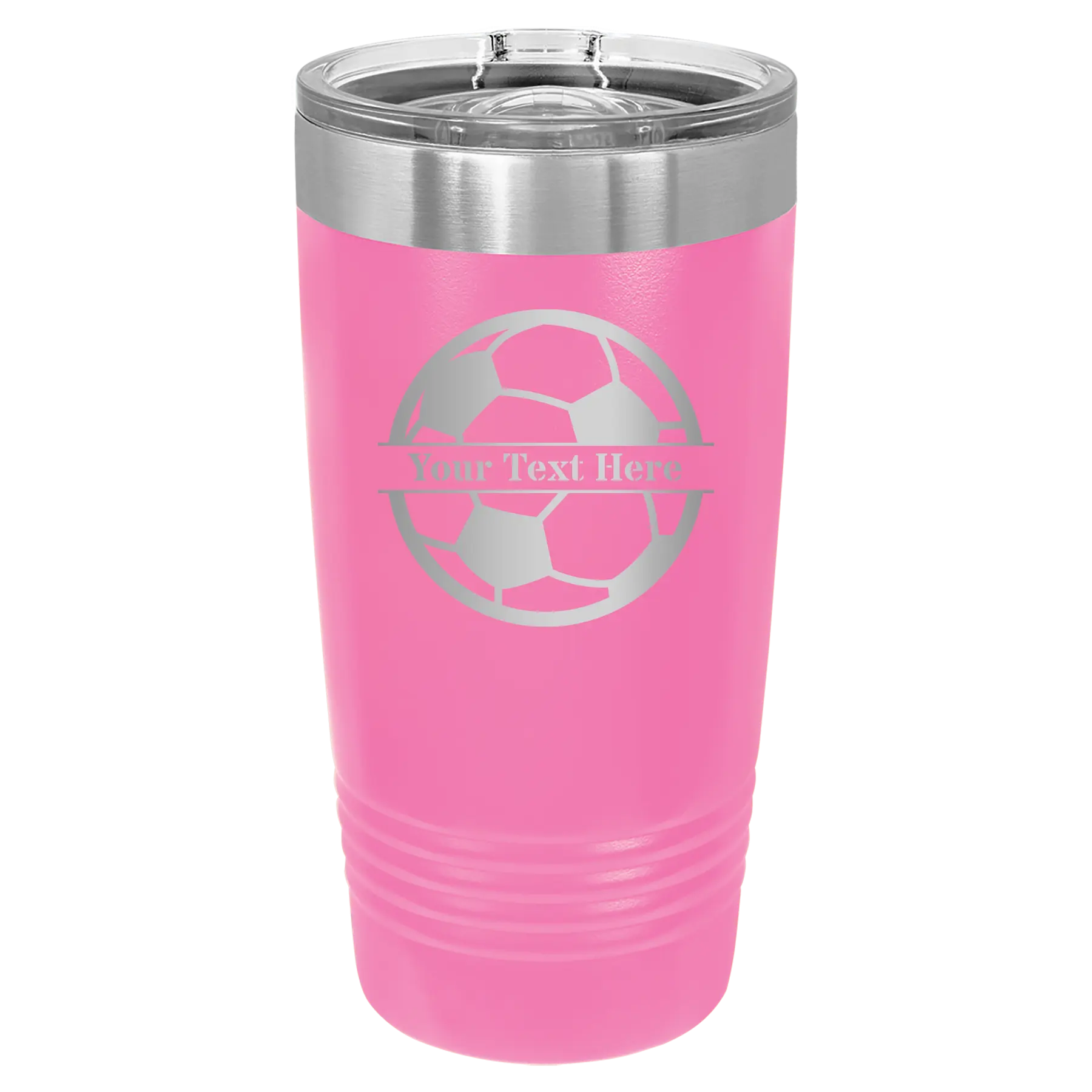 Personalized pink 20 oz vacuum insulated tumbler with 'Soccer Ball' design