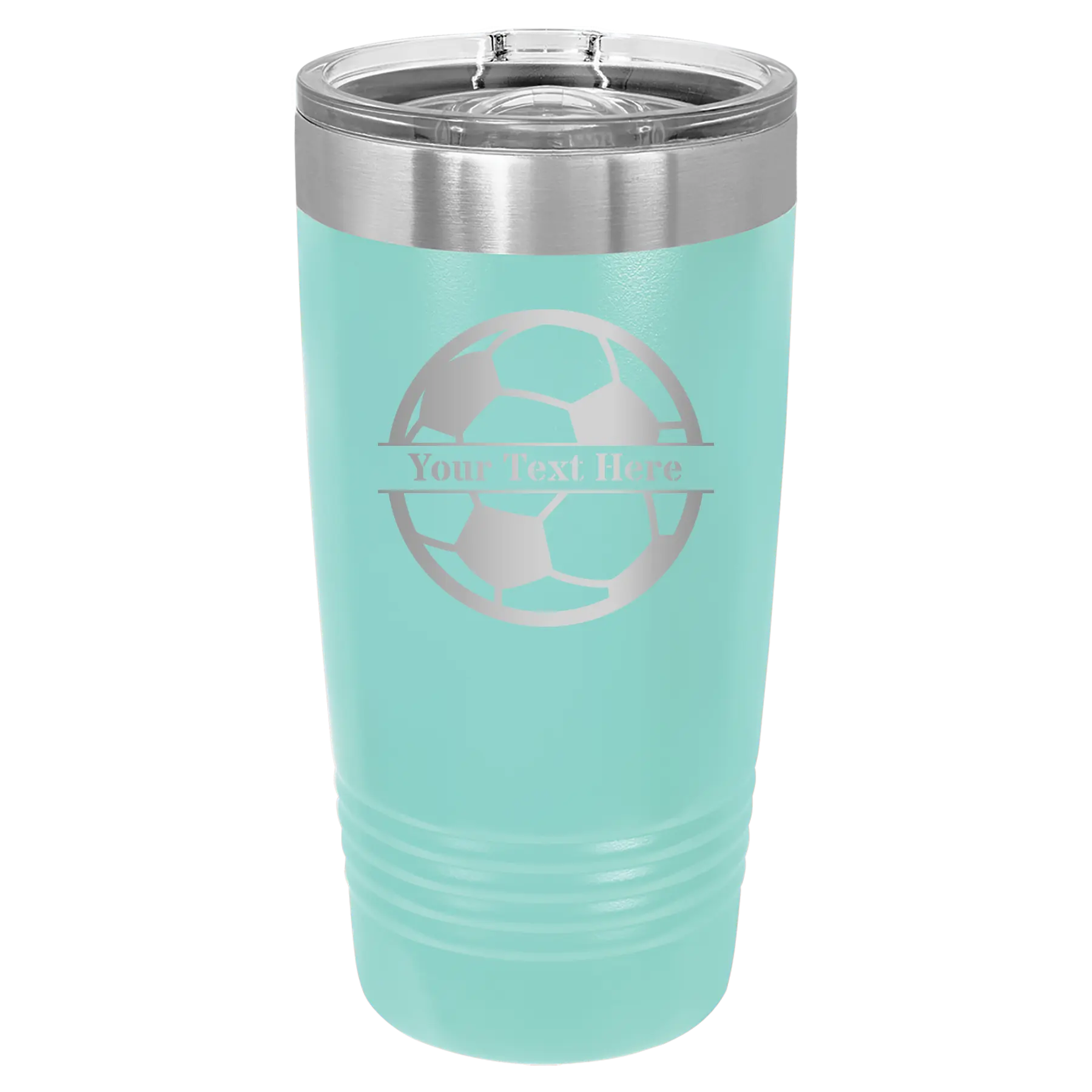Personalized teal 20 oz vacuum insulated tumbler with 'Soccer Ball' design