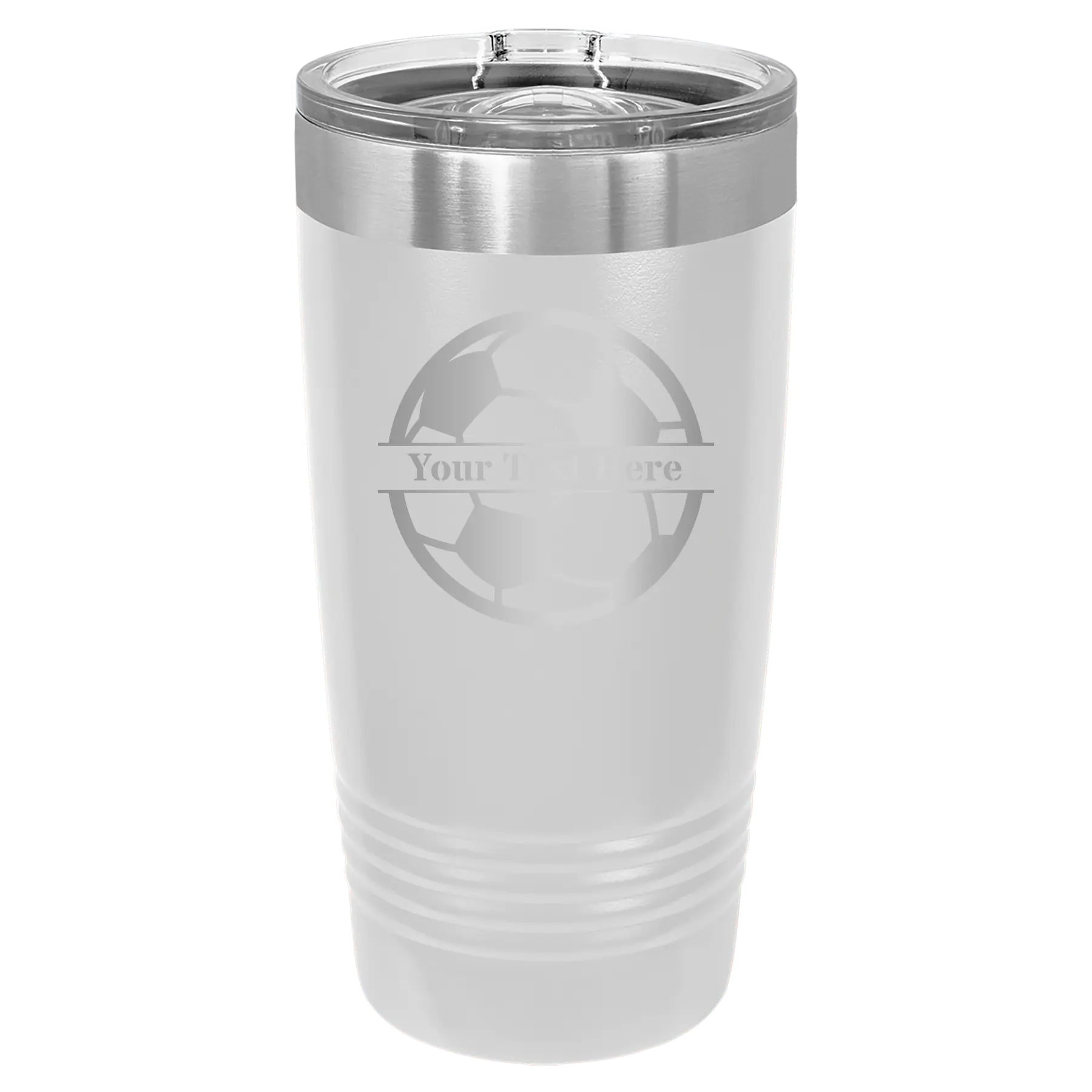 Personalized white 20 oz vacuum insulated tumbler with 'Soccer Ball' design