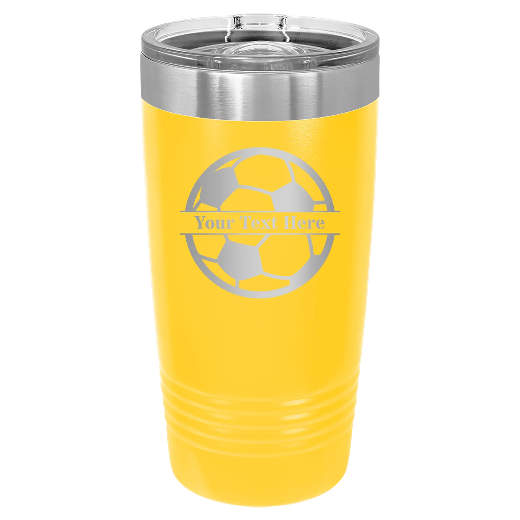 Personalized yellow 20 oz vacuum insulated tumbler with 'Soccer Ball' design
