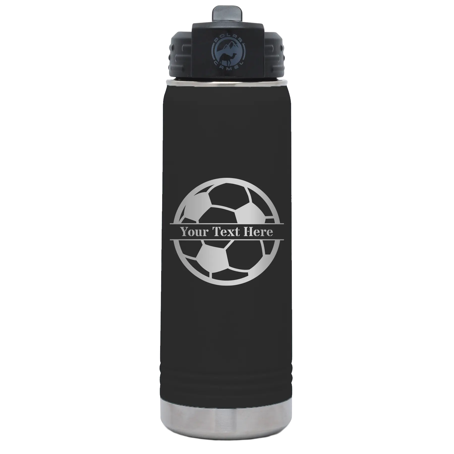 Personalized black 20 oz vacuum insulated water bottle with 'Soccer Ball' design