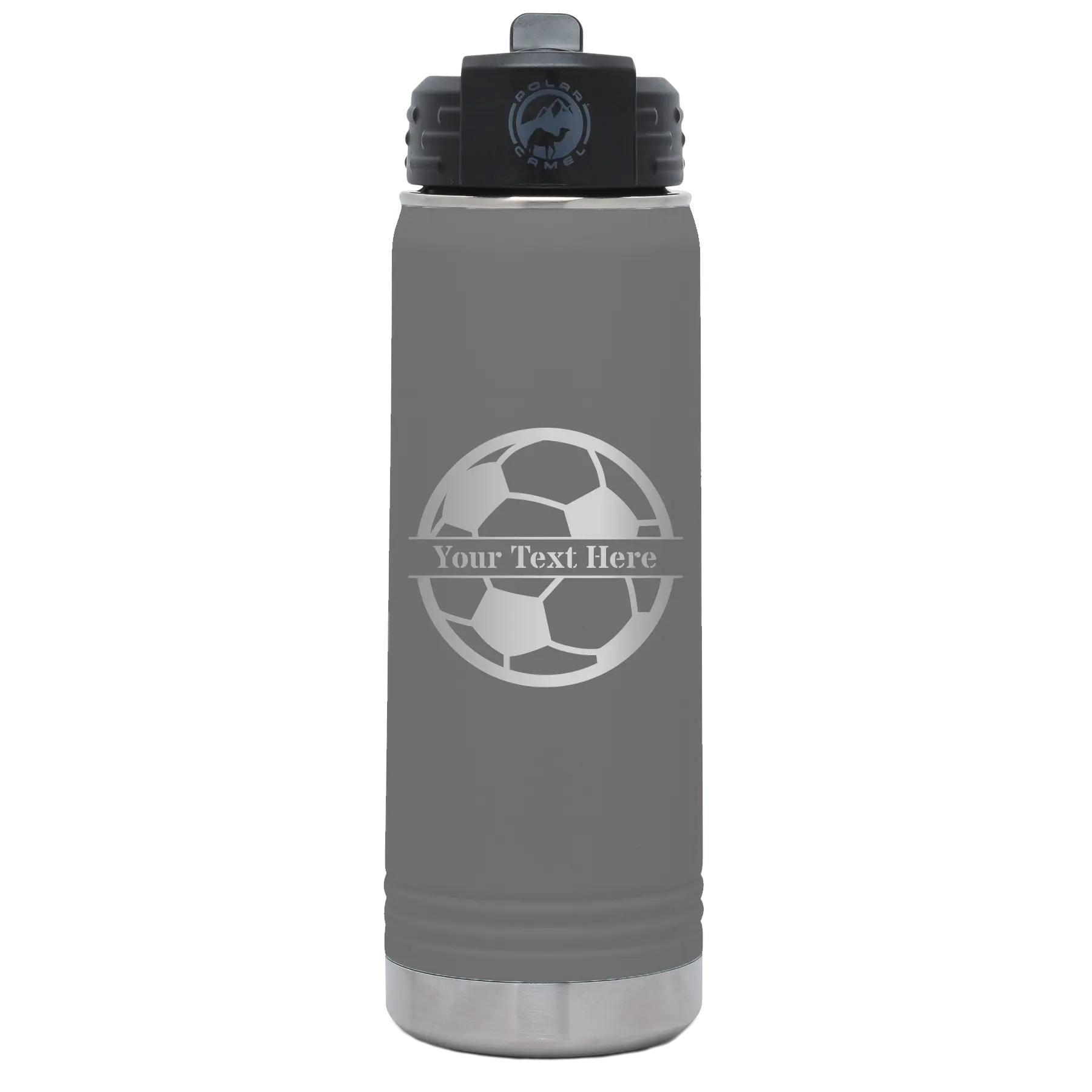 Personalized dark gray 20 oz vacuum insulated water bottle with 'Soccer Ball' design