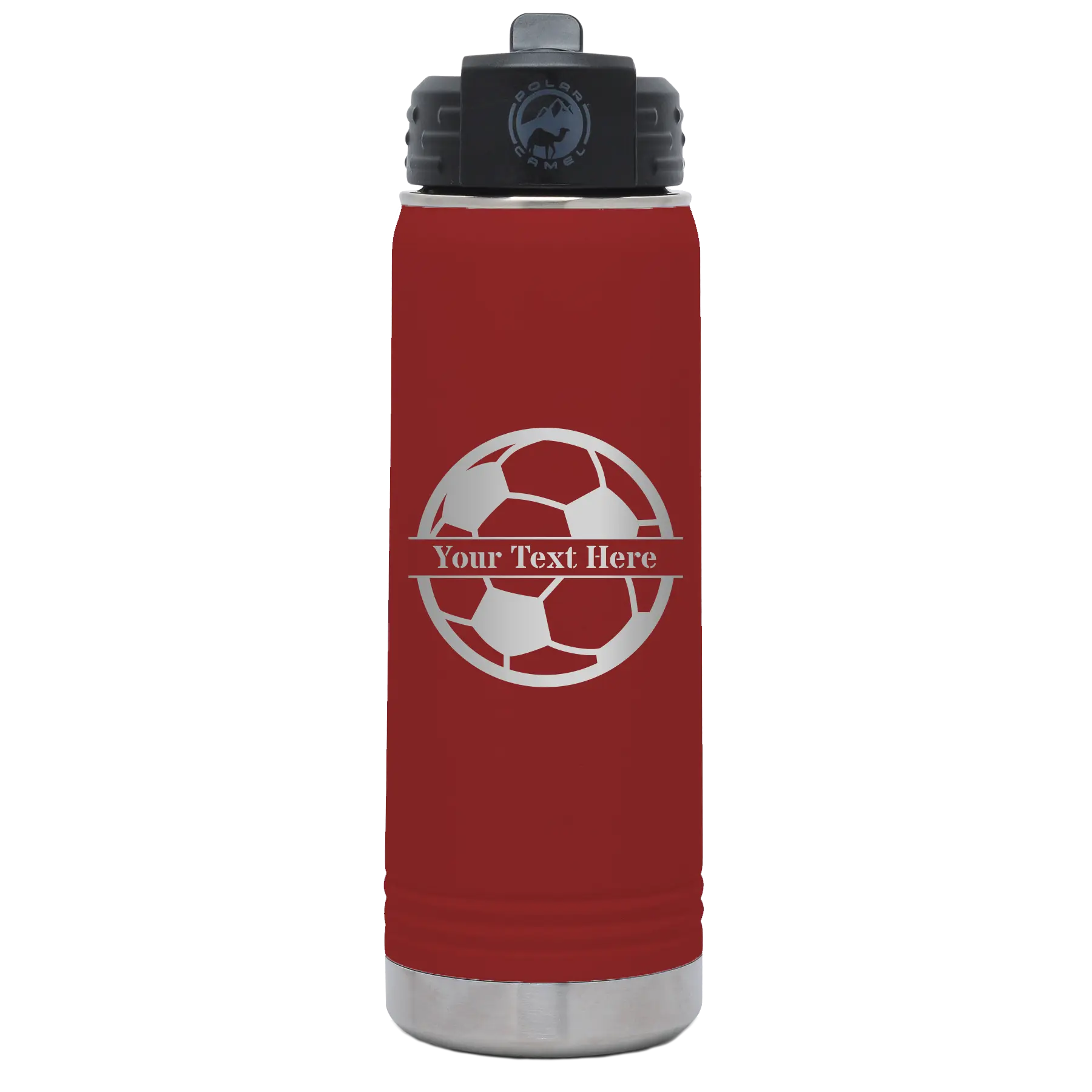 Personalized maroon 20 oz vacuum insulated water bottle with 'Soccer Ball' design
