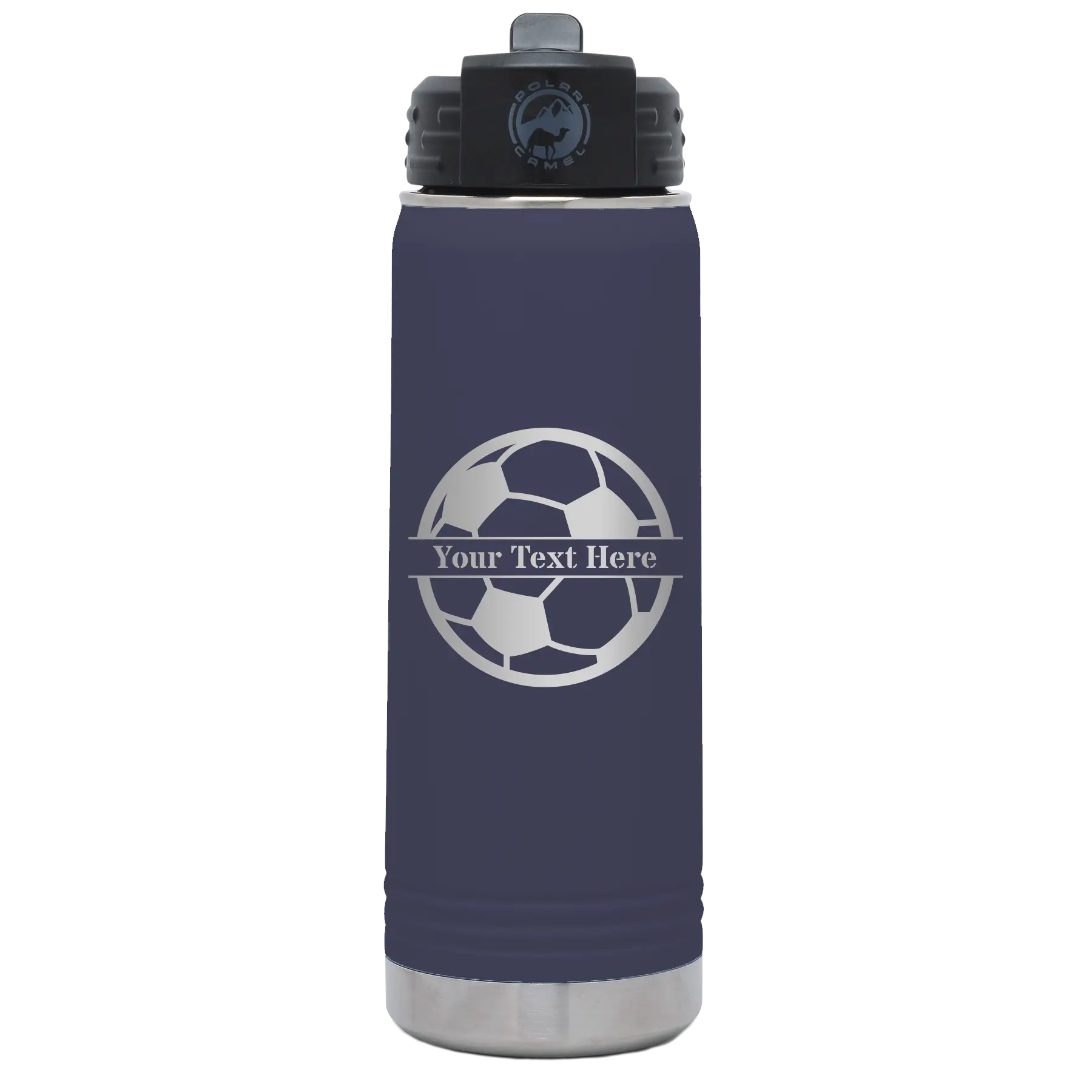 Personalized navy 20 oz vacuum insulated water bottle with 'Soccer Ball' design