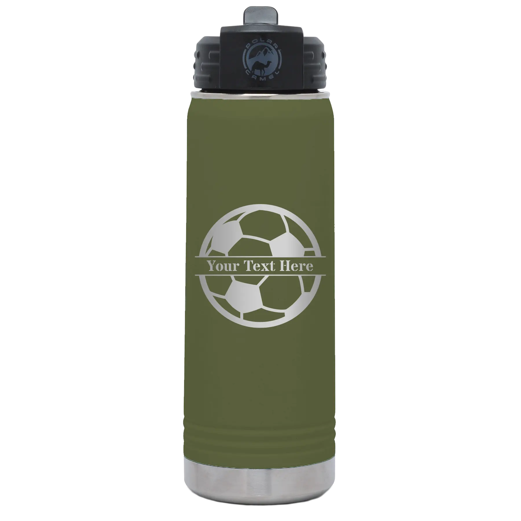 Personalized olive green 20 oz vacuum insulated water bottle with 'Soccer Ball' design
