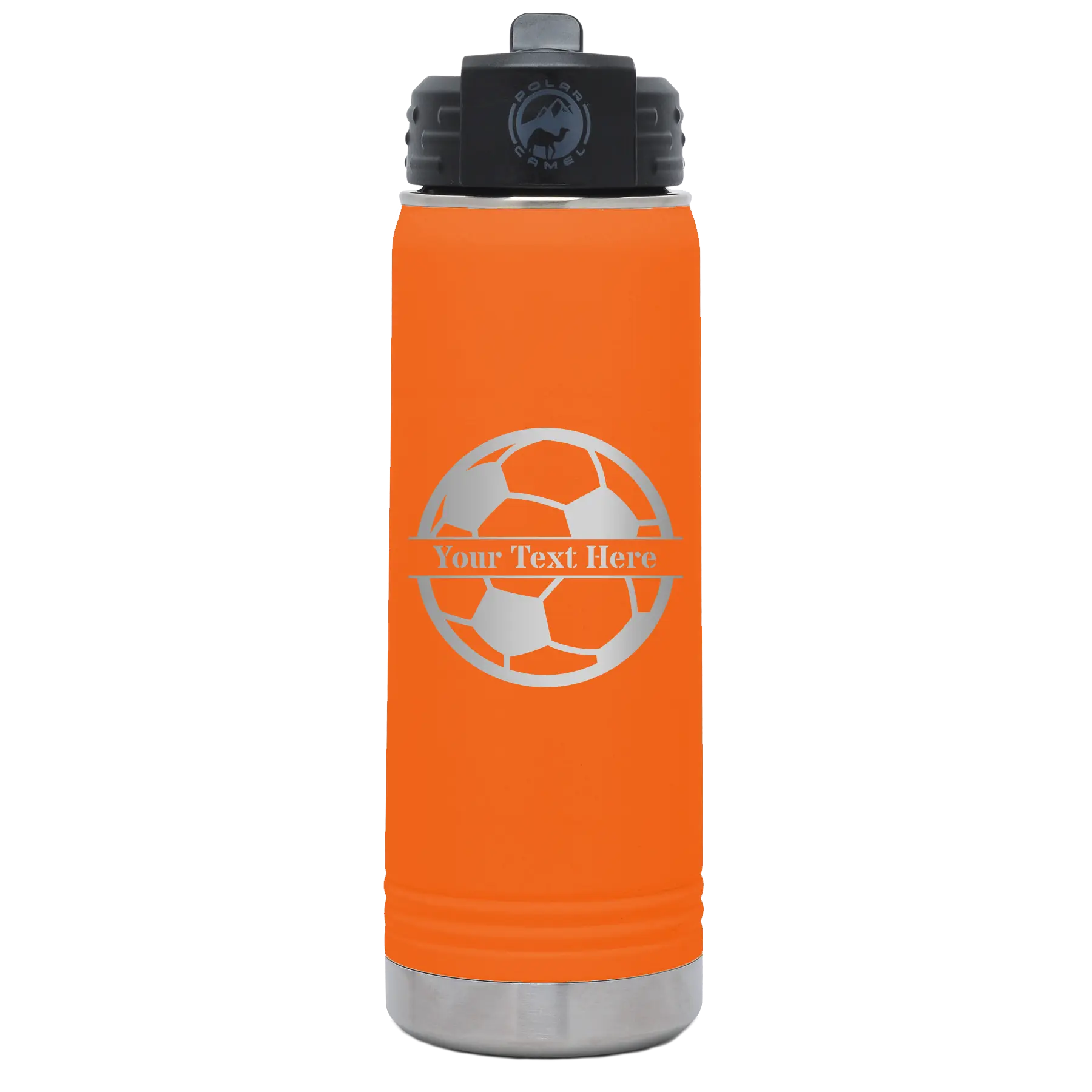 Personalized orange 20 oz vacuum insulated water bottle with 'Soccer Ball' design