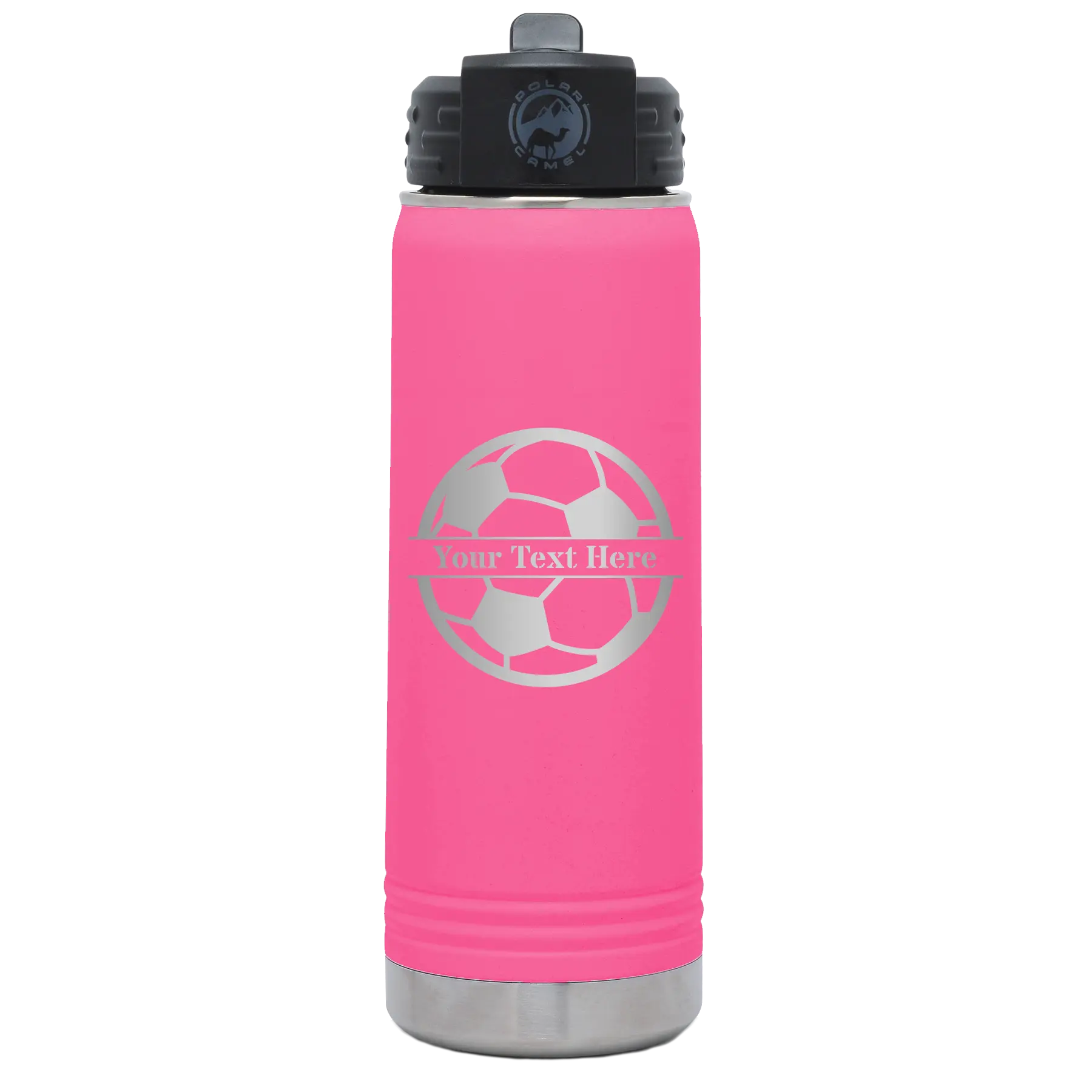 Personalized pink 20 oz vacuum insulated water bottle with 'Soccer Ball' design
