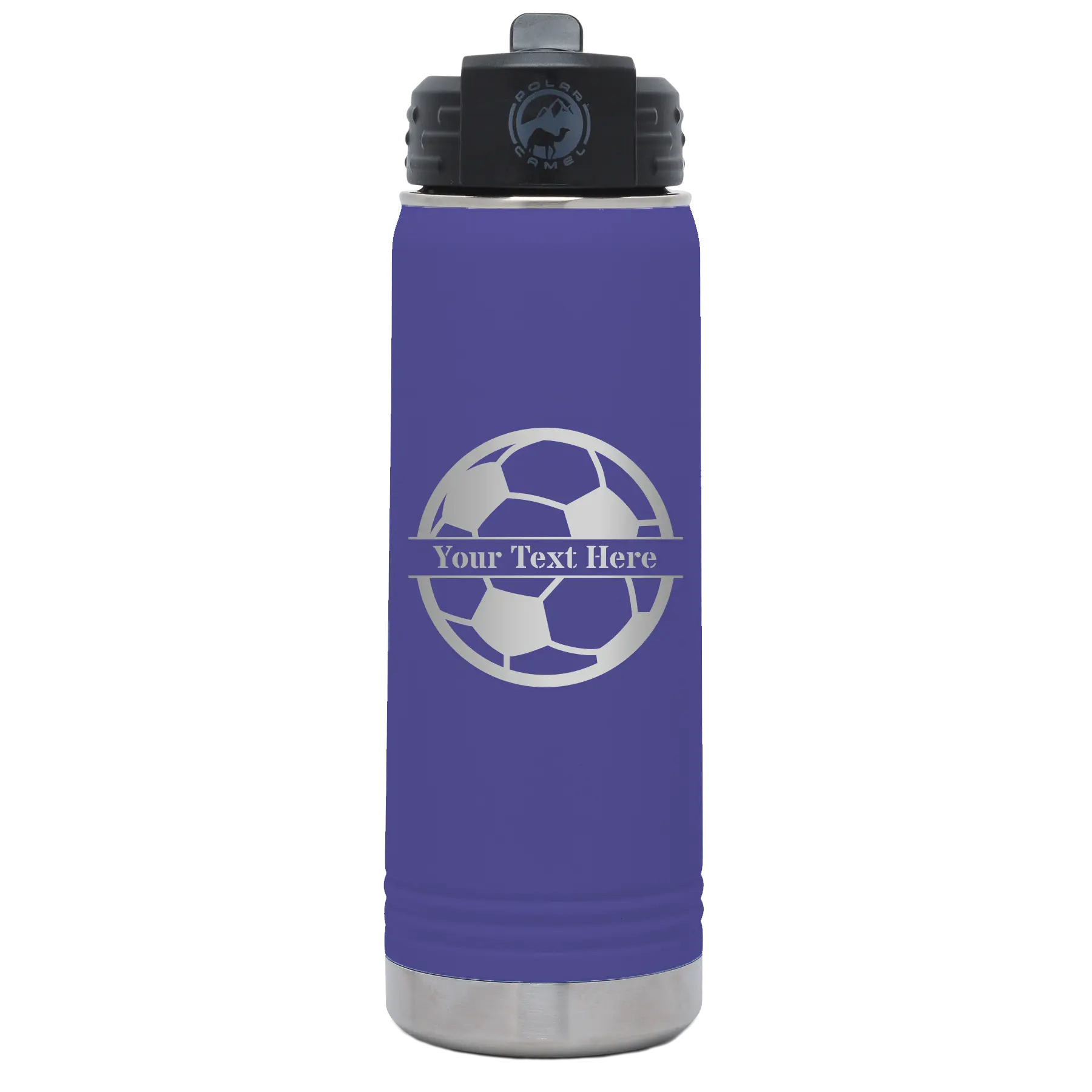 Personalized purple 20 oz vacuum insulated water bottle with 'Soccer Ball' design