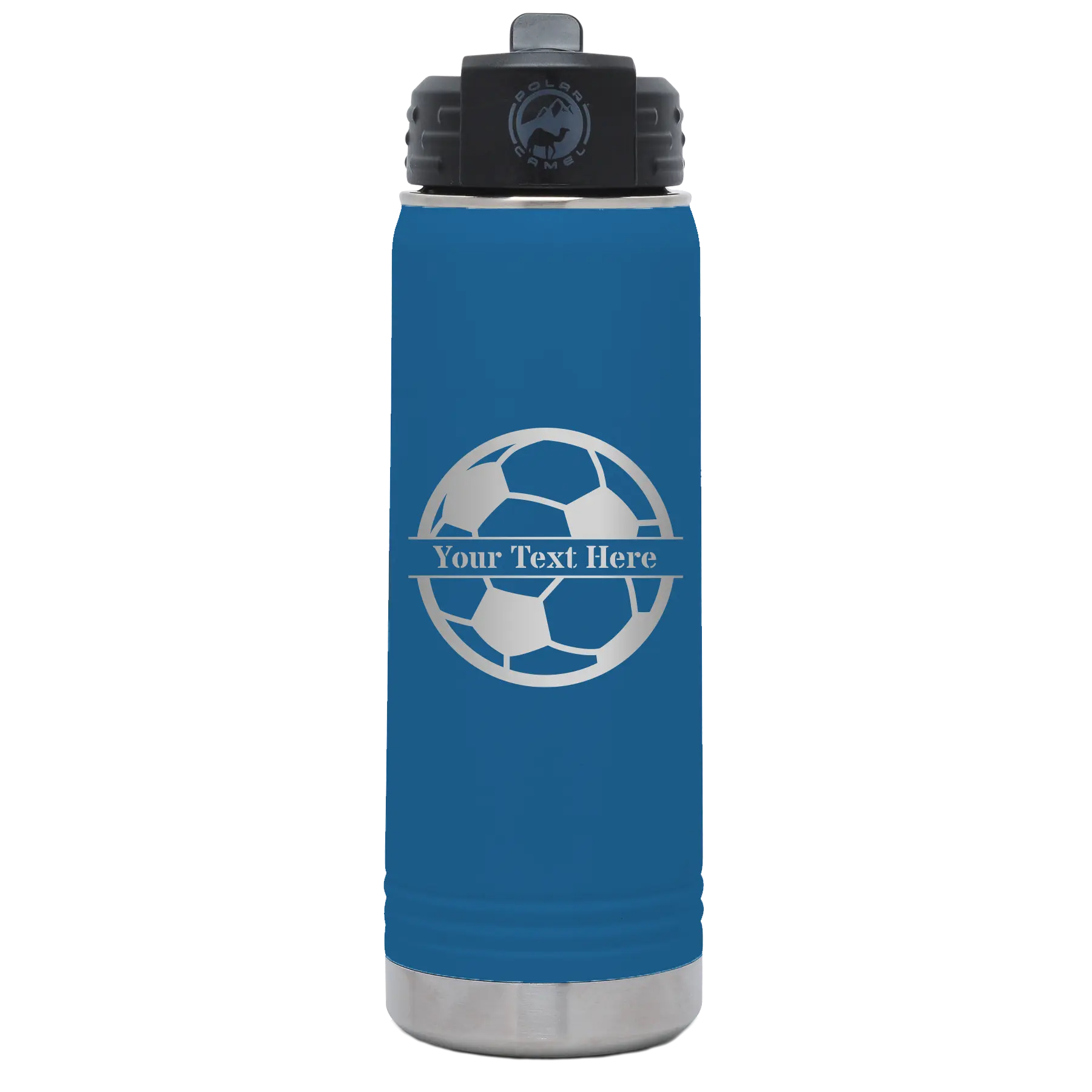 Personalized royal blue 20 oz vacuum insulated water bottle with 'Soccer Ball' design