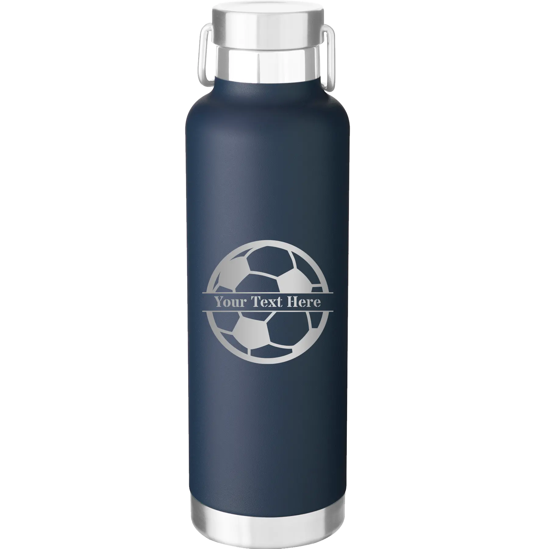 Personalized navy 24 oz vacuum insulated water bottle with 'Soccer Ball' design