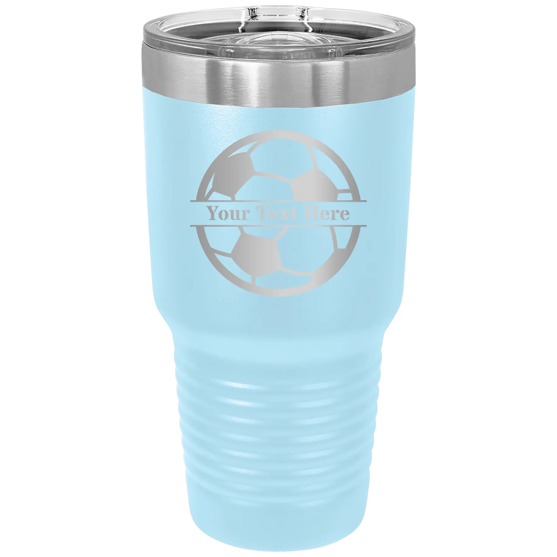 Personalized light blue 30 oz vacuum insulated tumbler with 'Soccer Ball' design