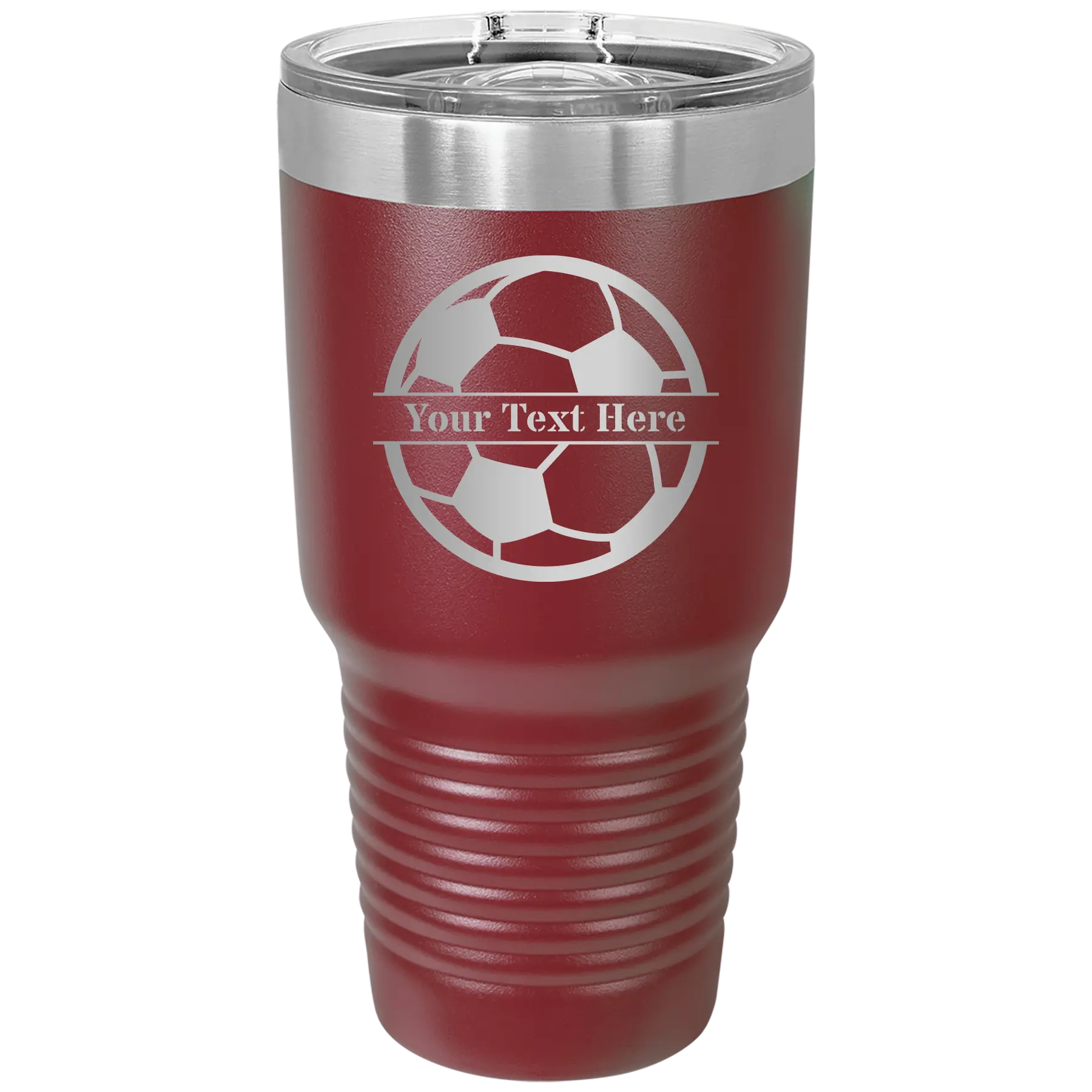 Personalized maroon 30 oz vacuum insulated tumbler with 'Soccer Ball' design