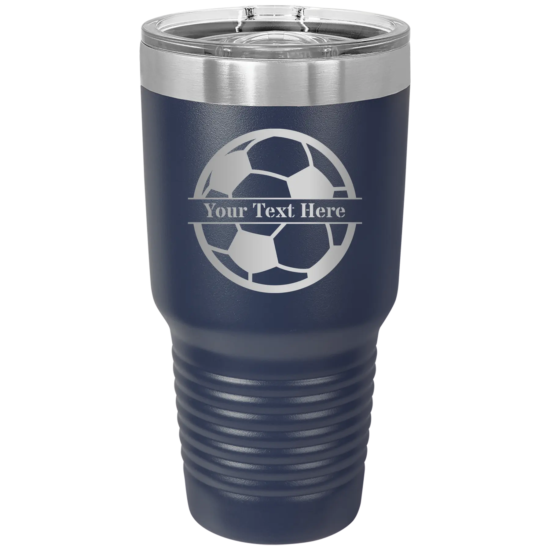 Personalized navy 30 oz vacuum insulated tumbler with 'Soccer Ball' design