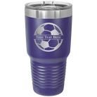 Personalized purple 30 oz vacuum insulated tumbler with 'Soccer Ball' design
