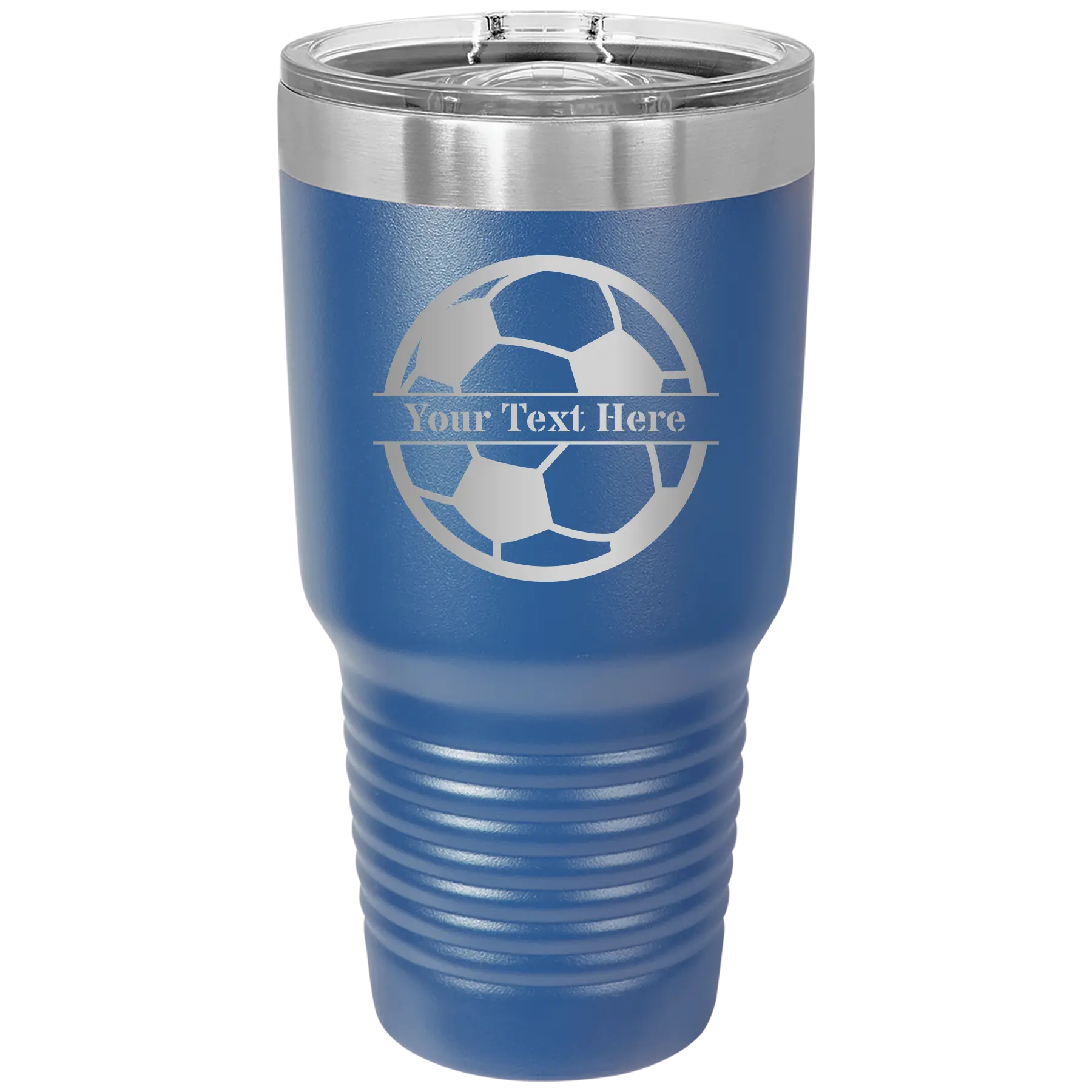 Personalized royal blue 30 oz vacuum insulated tumbler with 'Soccer Ball' design
