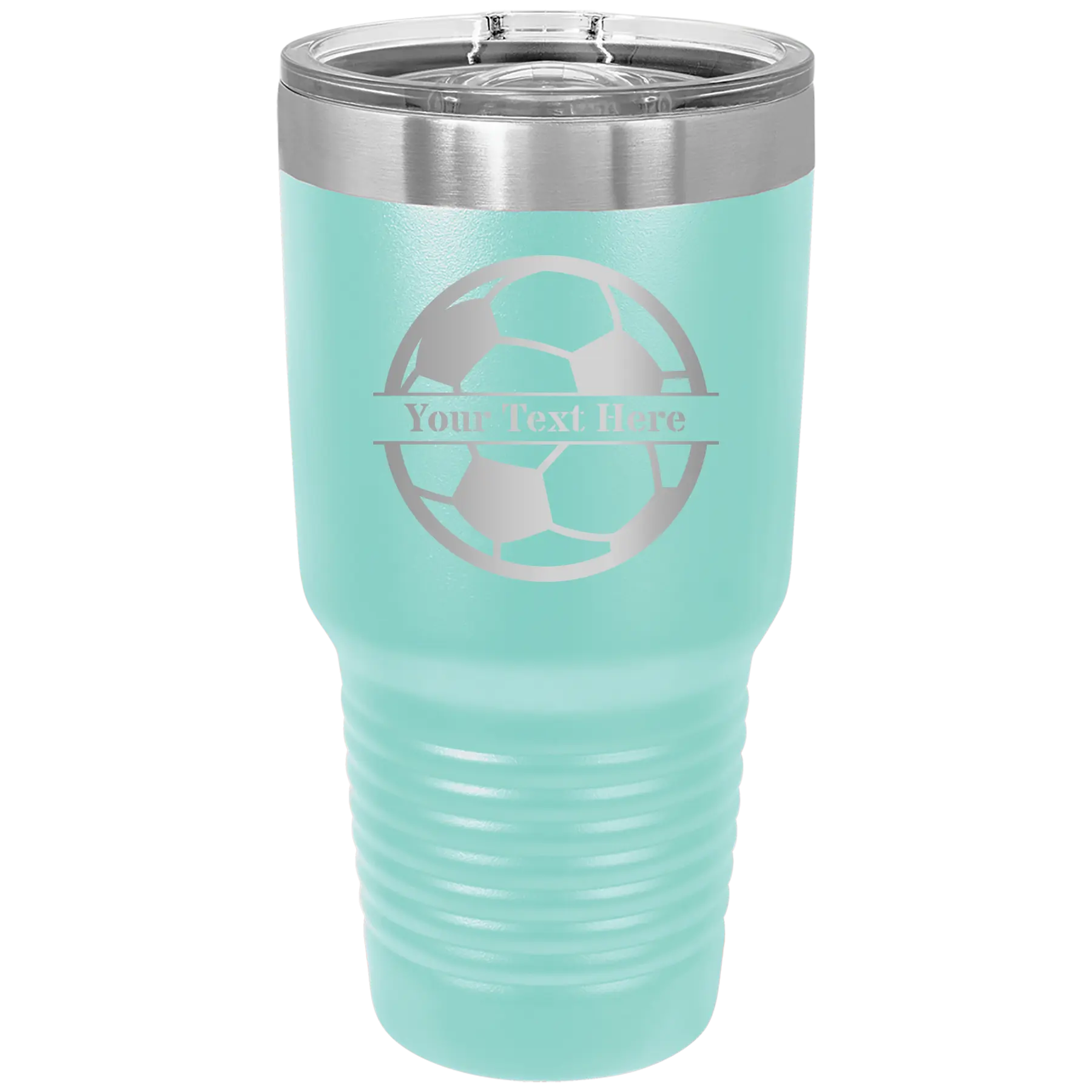Personalized teal 30 oz vacuum insulated tumbler with 'Soccer Ball' design