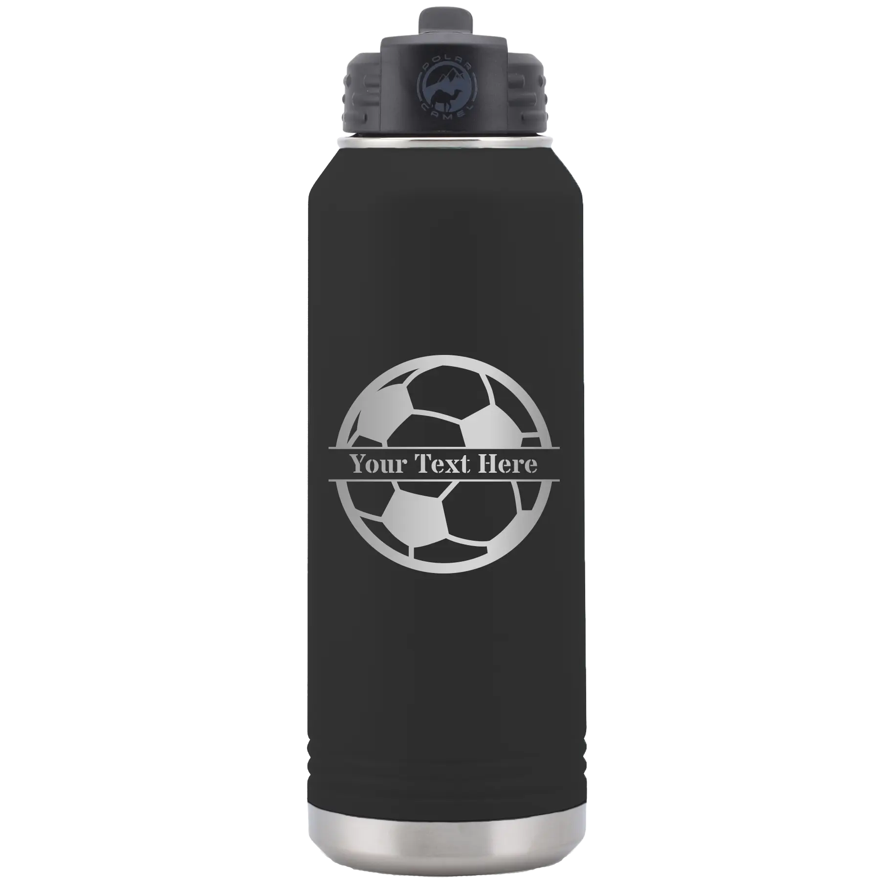 Personalized black 32 oz vacuum insulated water bottle with 'Soccer Ball' design