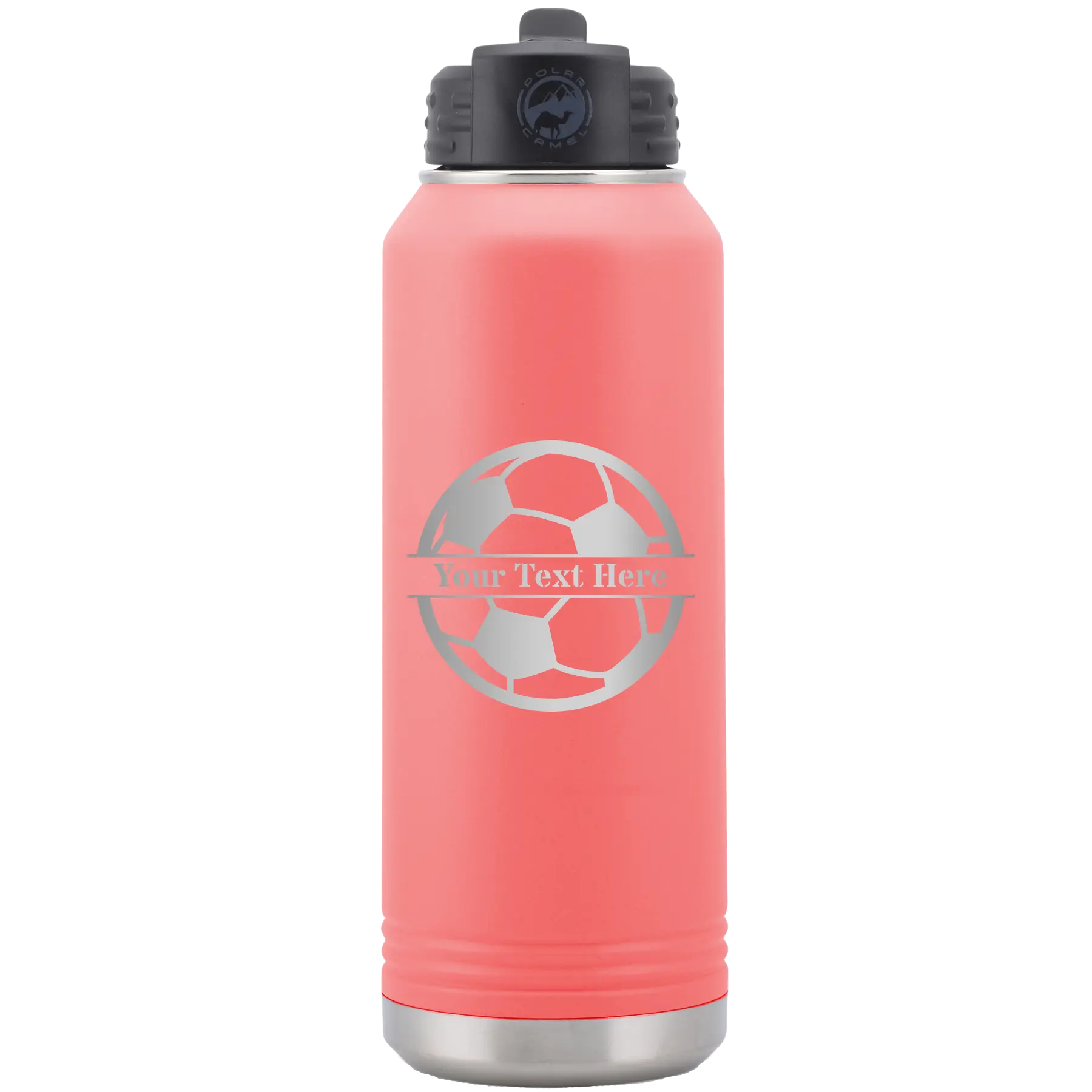 Personalized coral 32 oz vacuum insulated water bottle with 'Soccer Ball' design
