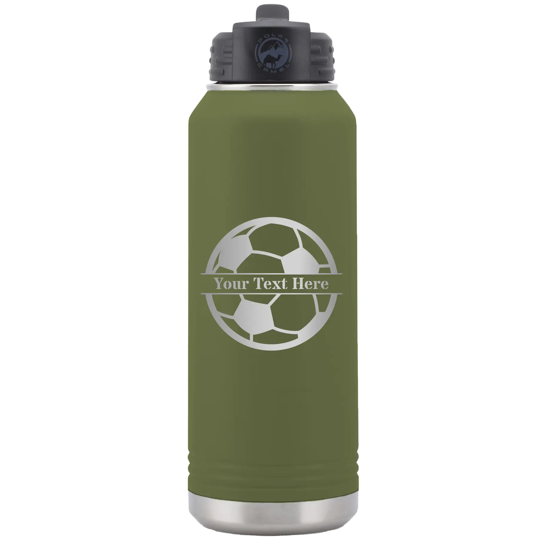 Personalized olive green 32 oz vacuum insulated water bottle with 'Soccer Ball' design