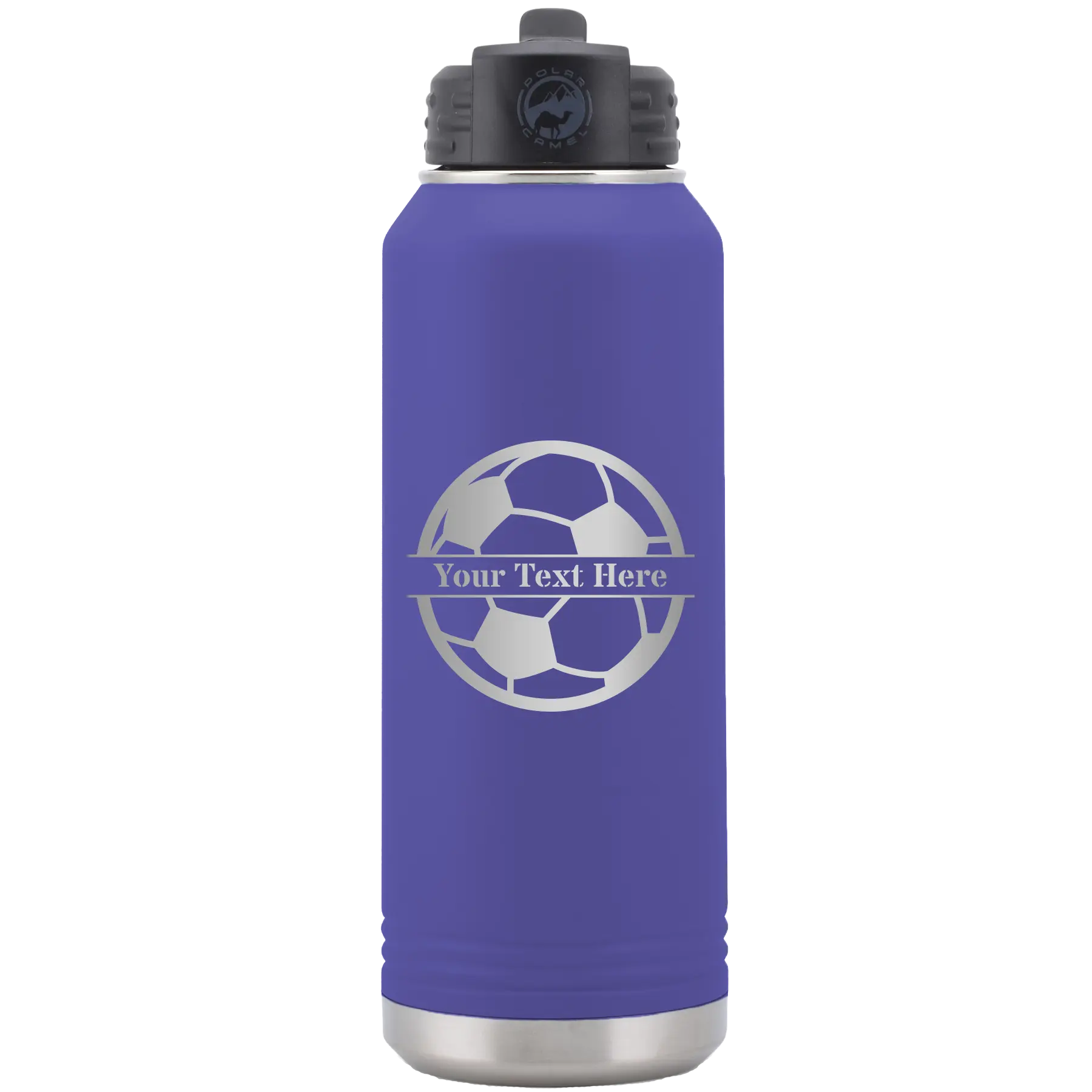 Personalized purple 32 oz vacuum insulated water bottle with 'Soccer Ball' design