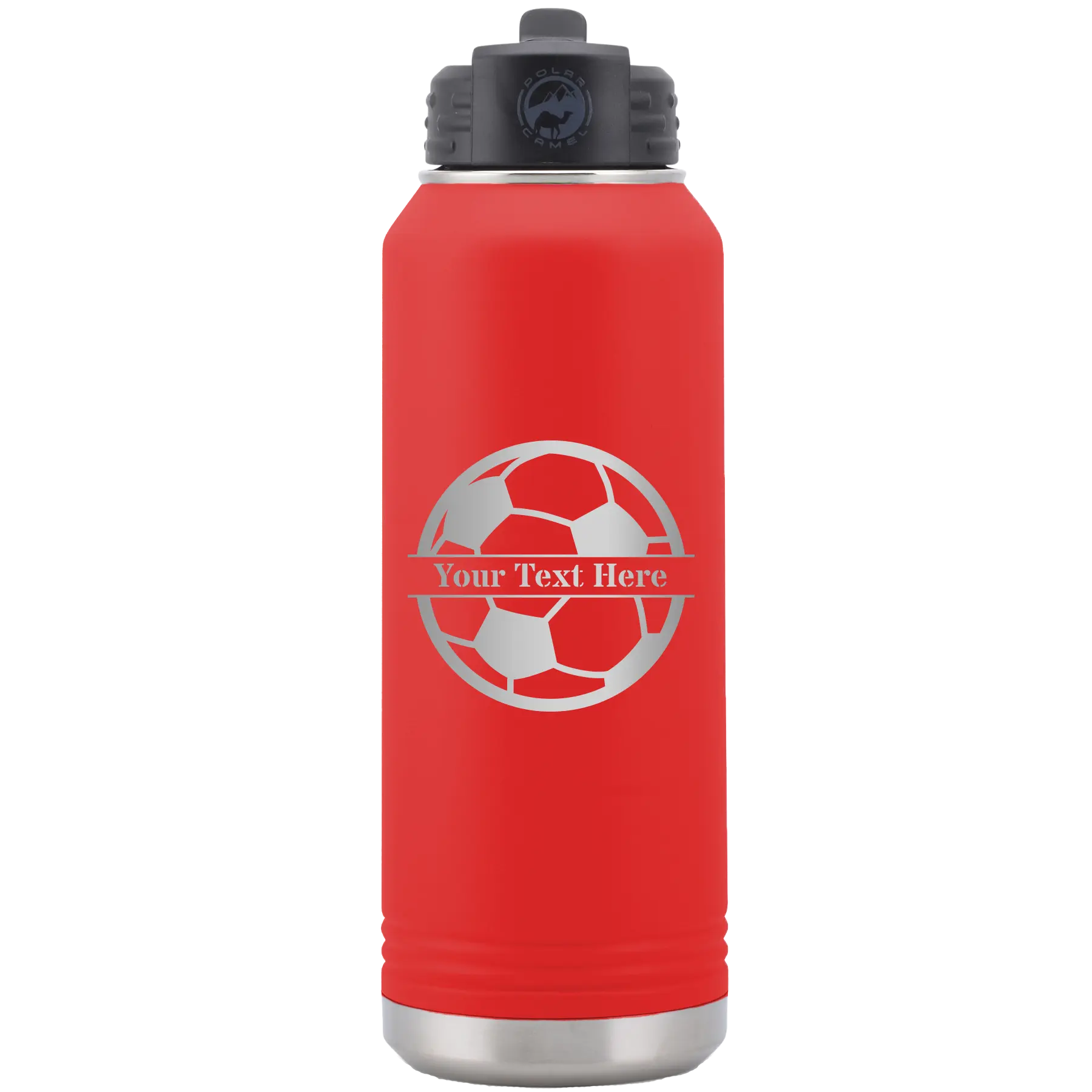 Personalized red 32 oz vacuum insulated water bottle with 'Soccer Ball' design