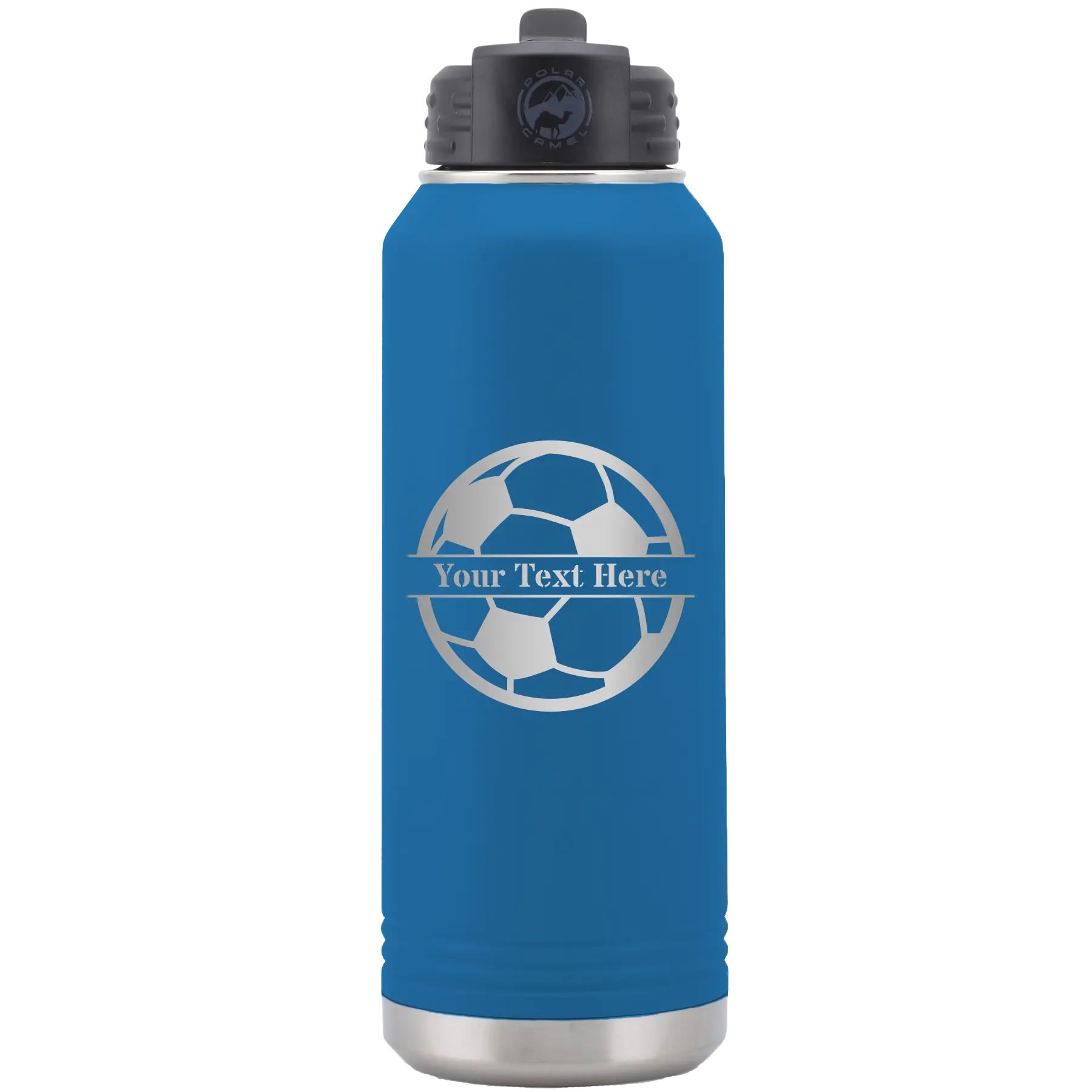 Personalized royal blue 32 oz vacuum insulated water bottle with 'Soccer Ball' design