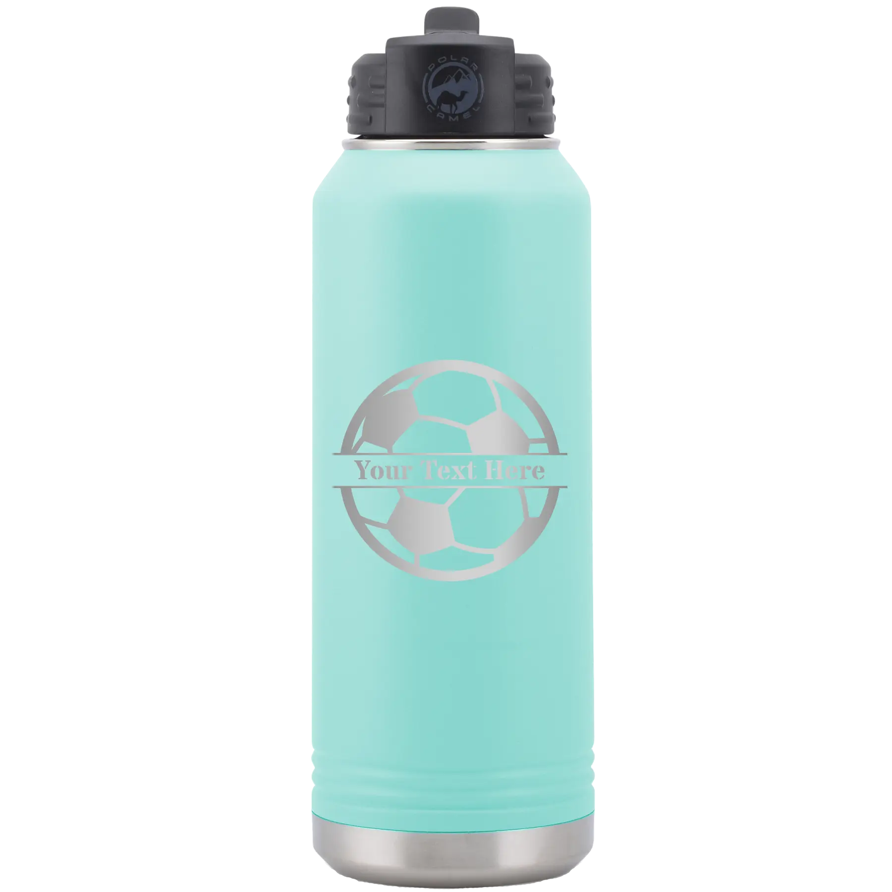 Personalized teal 32 oz vacuum insulated water bottle with 'Soccer Ball' design