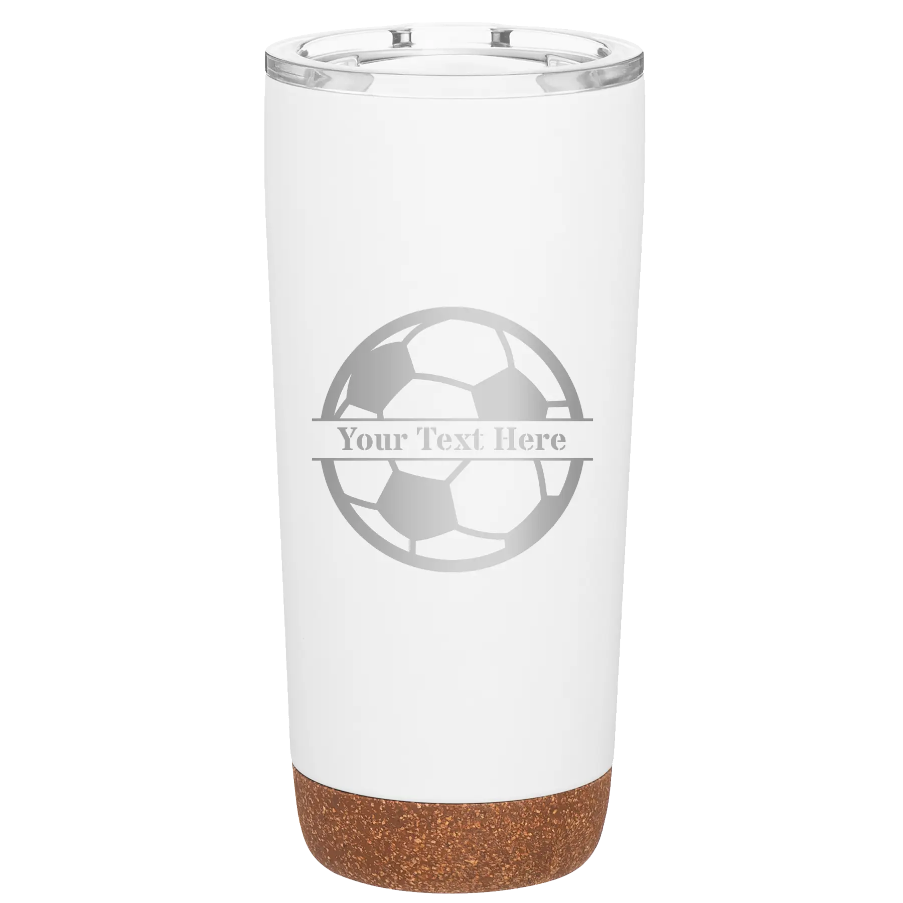 Personalized white 20 oz vacuum insulated tumbler with 'Soccer Ball' design