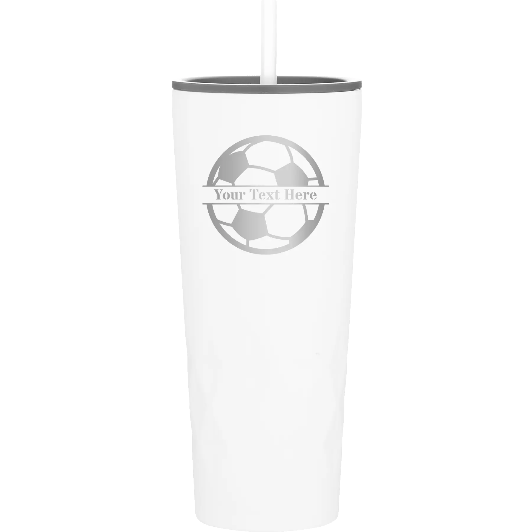 Personalized white 20 oz vacuum insulated tumbler with 'Soccer Ball' design