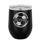 Personalized black 12 oz vacuum insulated wine cup with 'Soccer Ball' design