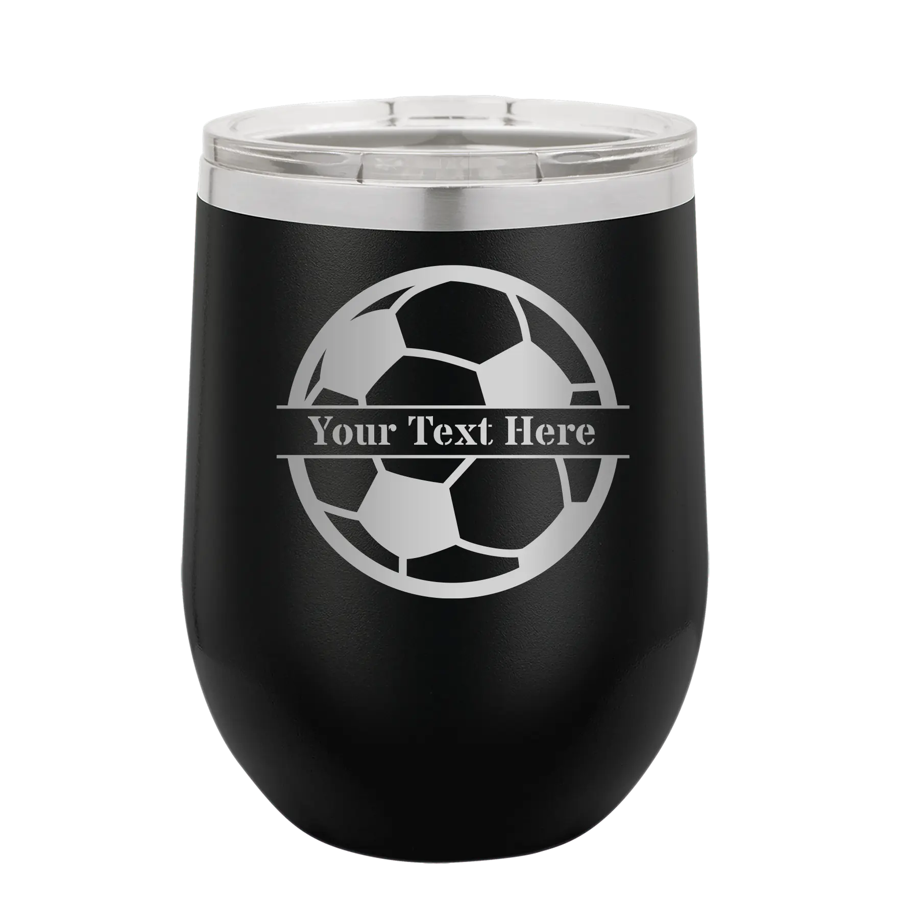 Personalized black 12 oz vacuum insulated wine cup with 'Soccer Ball' design