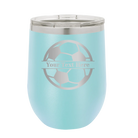 Personalized light blue 12 oz vacuum insulated wine cup with 'Soccer Ball' design