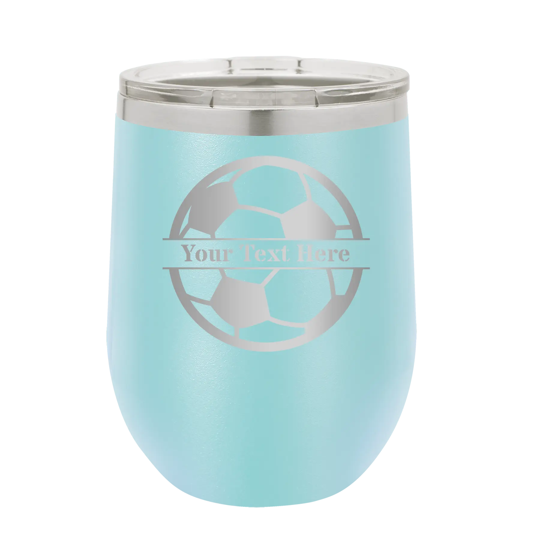 Personalized light blue 12 oz vacuum insulated wine cup with 'Soccer Ball' design