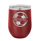 Personalized maroon 12 oz vacuum insulated wine cup with 'Soccer Ball' design